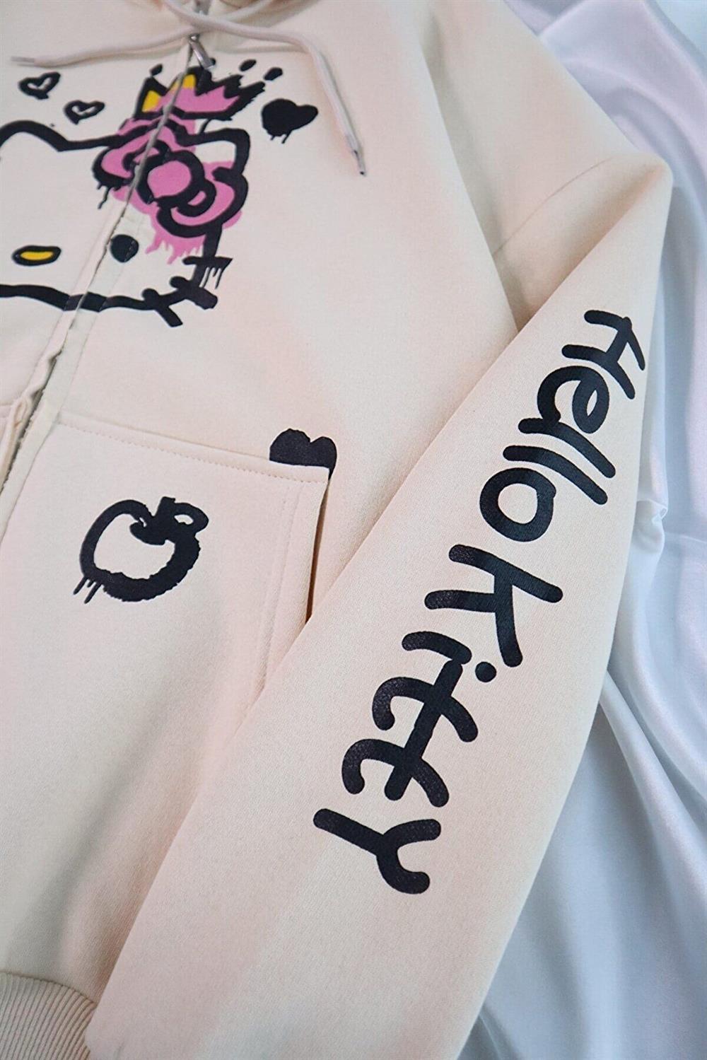 Hello Kitty Graffiti Bej Fermuarlı Kapüşonlu Hırka