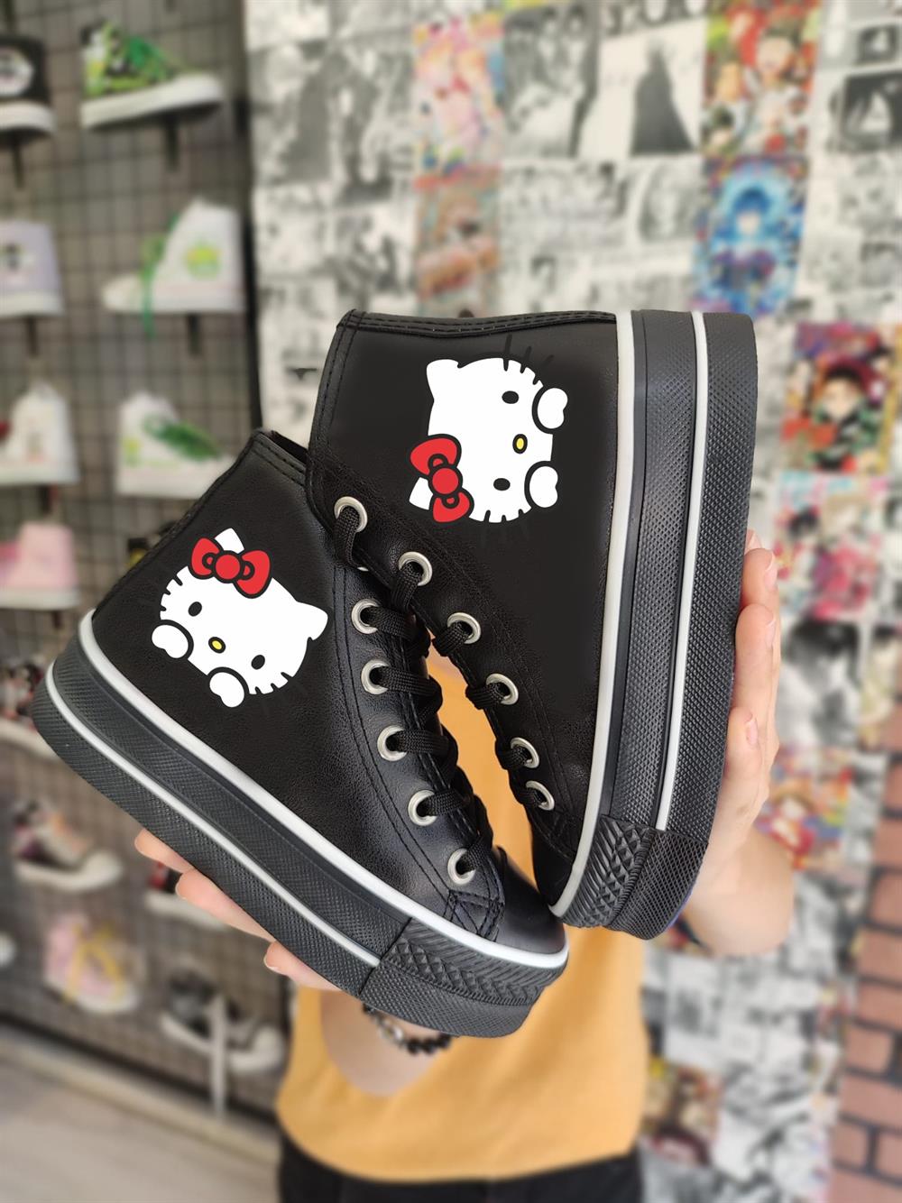 HelloKitty Baskılı Deri Yüksek Şeffaf Taban Bilekli Spor Ayakkabı Sneaker