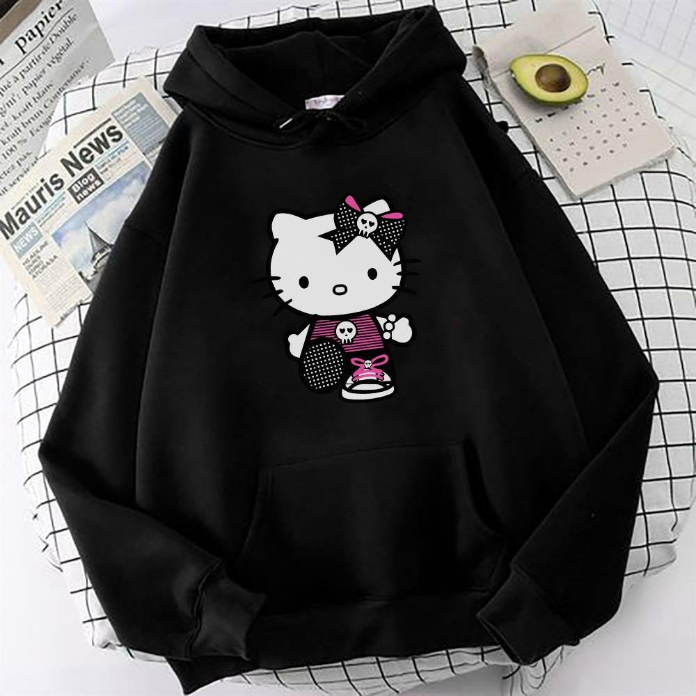 HelloKitty Baskılı Siyah Oversize Sweatshirt Kapüşonlu Hoodie KİTY BÜYÜK BASKI