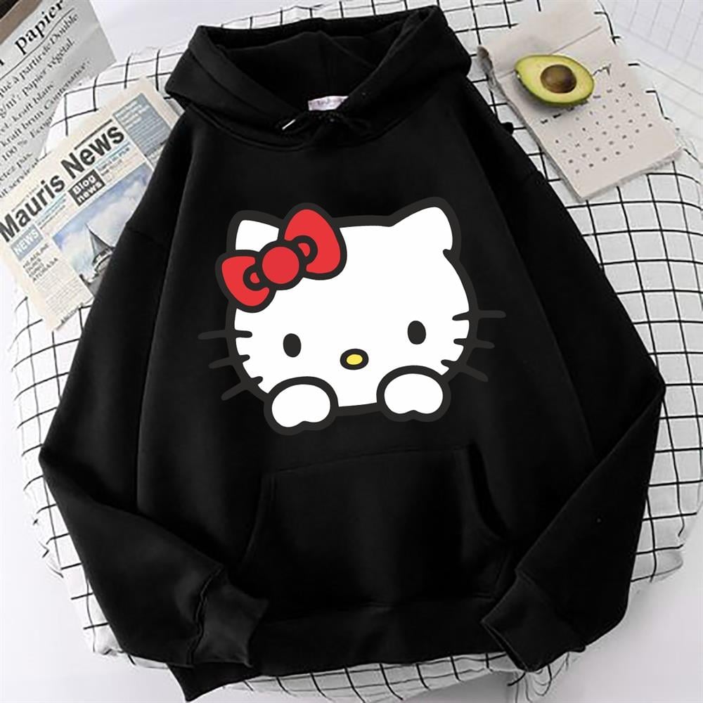 HelloKitty Baskılı Siyah Oversize Sweatshirt Kapüşonlu Hoodie