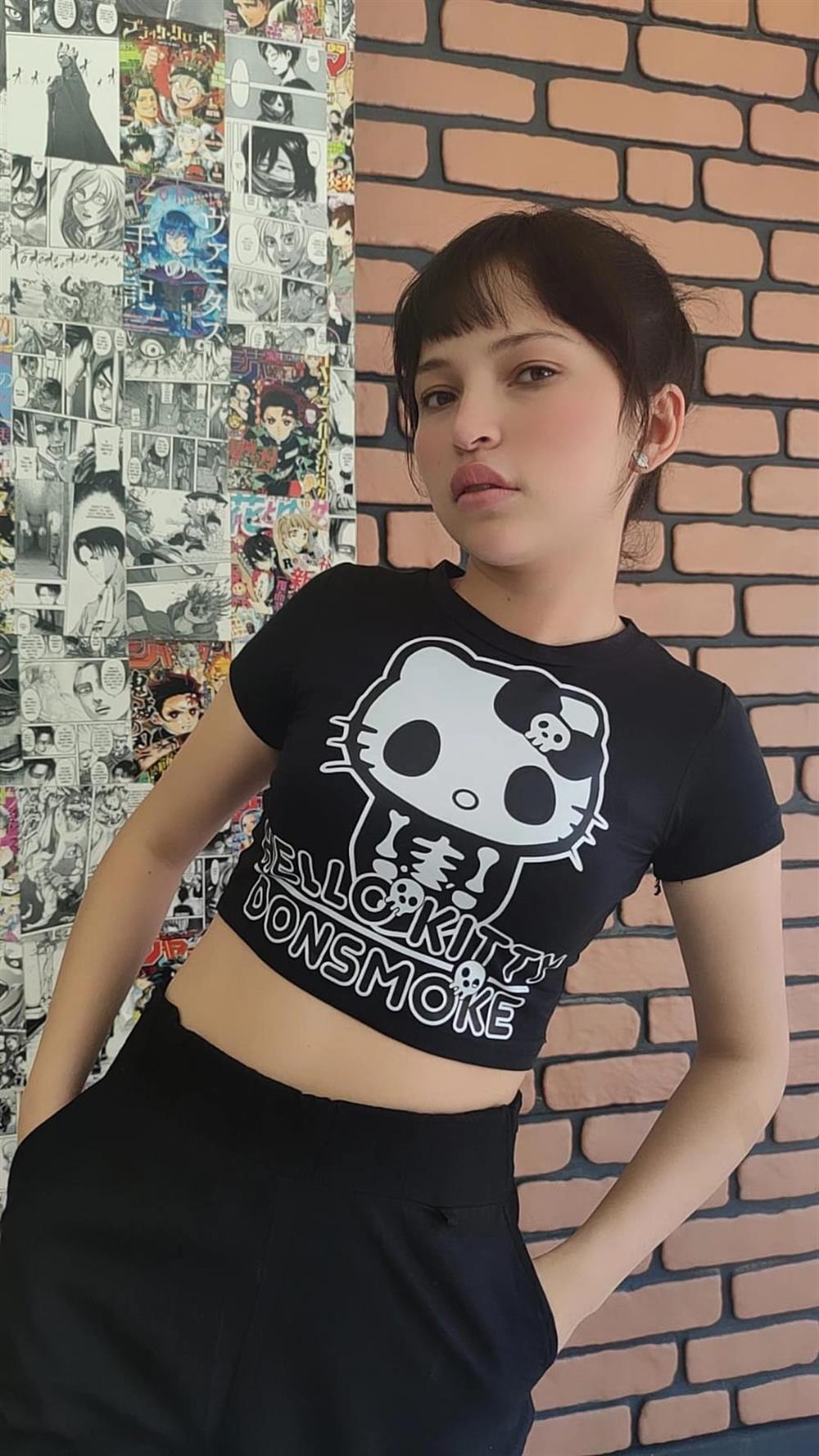 HelloKitty Crop Tshirt Hellokitty Donsmoke Baskılı Siyah Dar Kalıp Crop Tişört