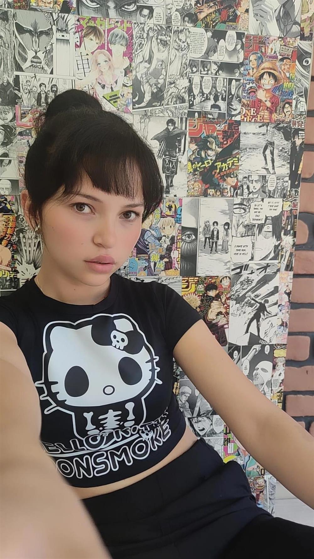 HelloKitty Crop Tshirt Hellokitty Donsmoke Baskılı Siyah Dar Kalıp Crop Tişört