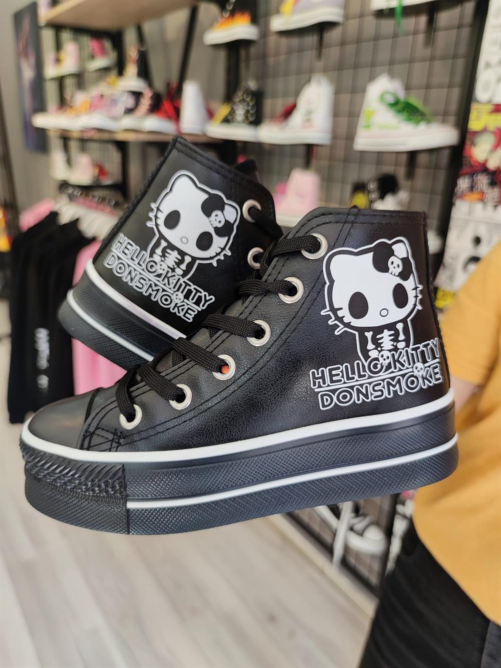 HelloKitty Donsmoke Baskılı Deri Yüksek Şeffaf Taban Bilekli Spor Ayakkabı Sneaker