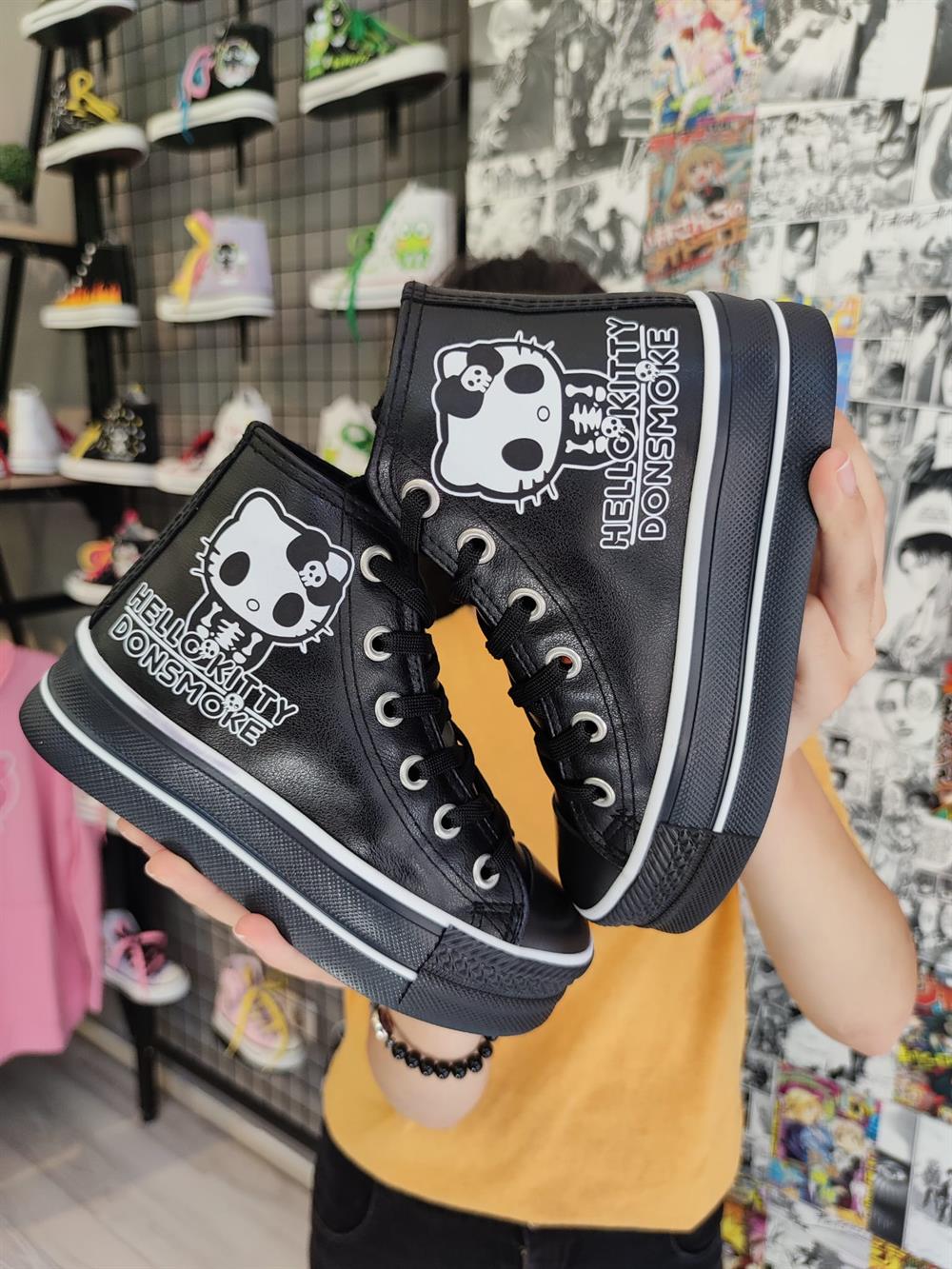 HelloKitty Donsmoke Baskılı Deri Yüksek Şeffaf Taban Bilekli Spor Ayakkabı Sneaker