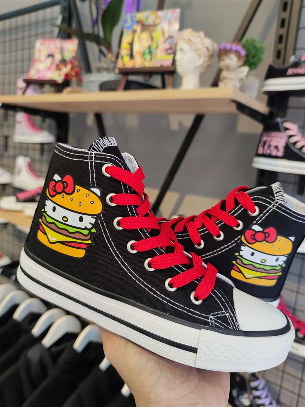 Hellokitty Hamburger Baskılı Siyah Bilekli Spor Ayakkabı Sneakers