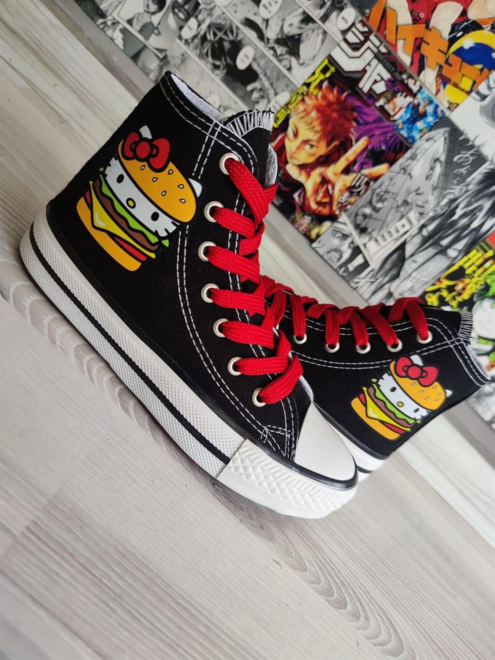 Hellokitty Hamburger Baskılı Siyah Bilekli Spor Ayakkabı Sneakers