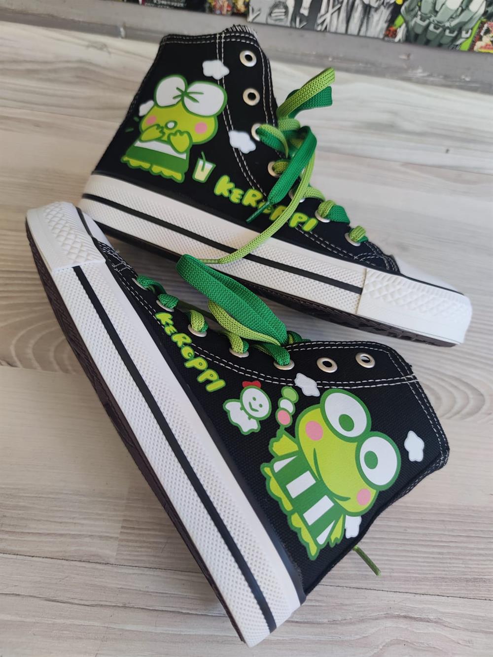 HelloKitty Keroppi Baskılı Siyah Bilekli Unisex Spor Ayakkabı Sneaker