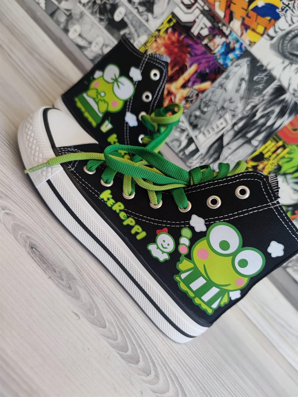 HelloKitty Keroppi Baskılı Siyah Bilekli Unisex Spor Ayakkabı Sneaker