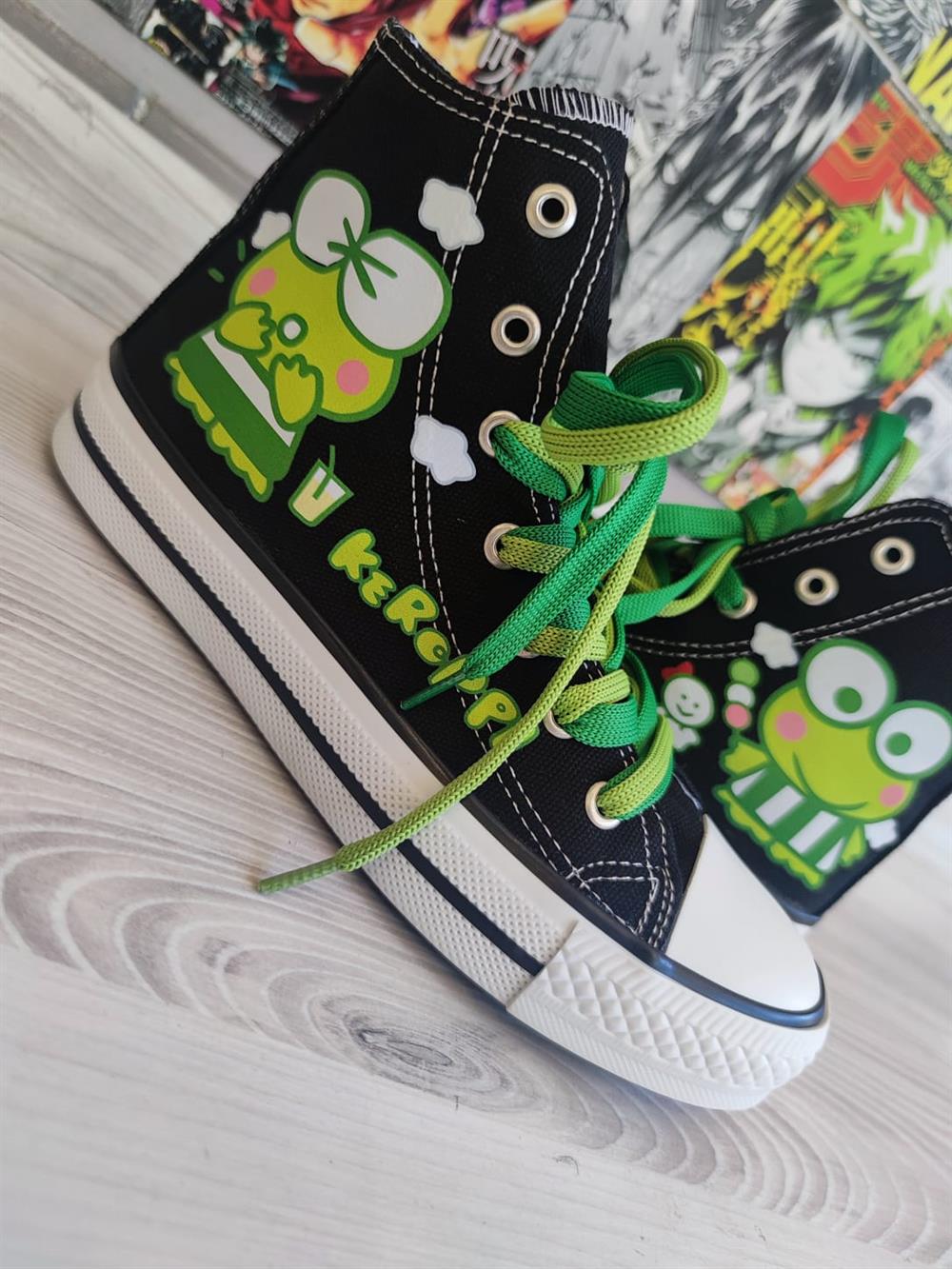 HelloKitty Keroppi Baskılı Siyah Bilekli Unisex Spor Ayakkabı Sneaker
