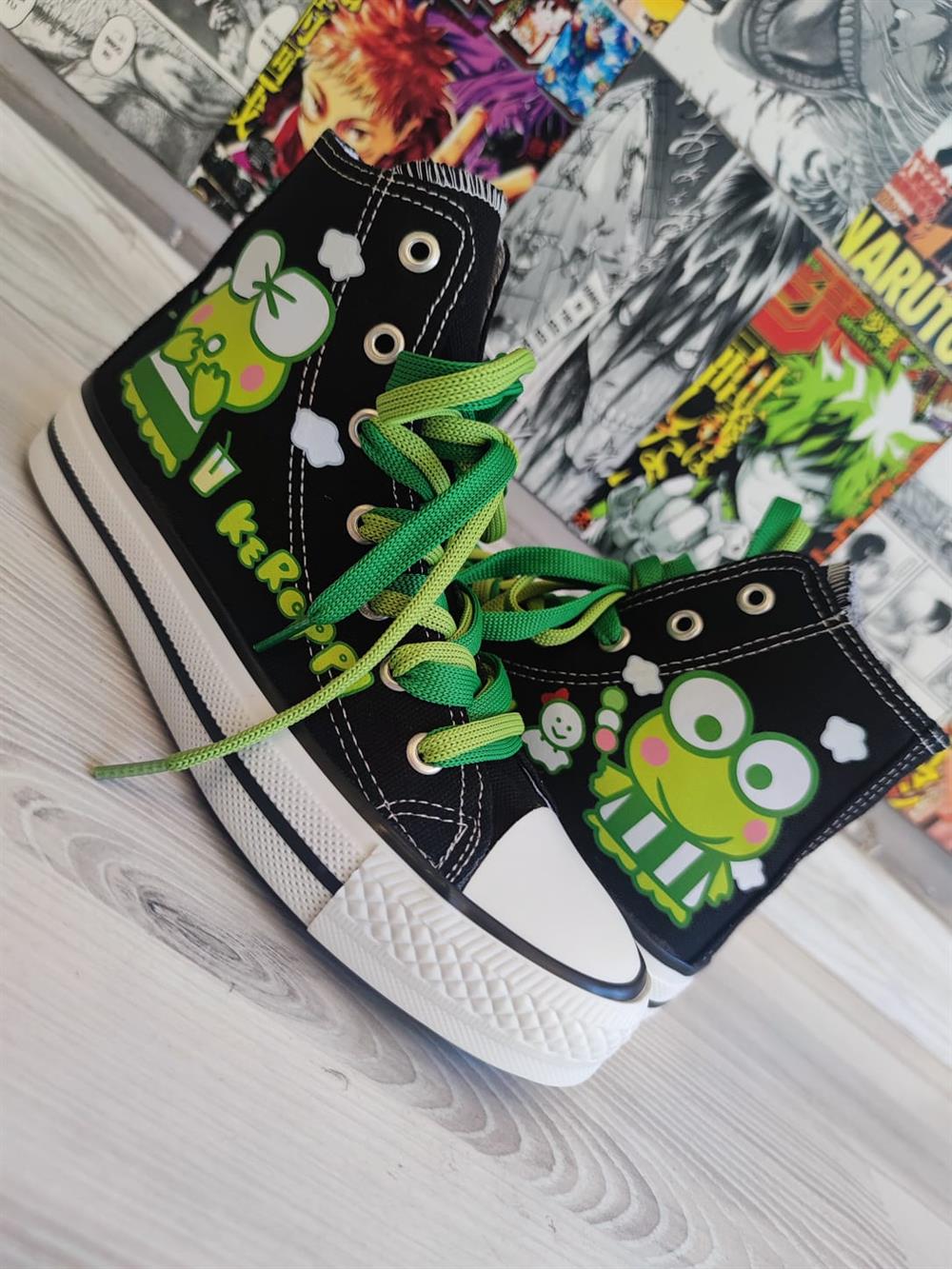 HelloKitty Keroppi Baskılı Siyah Bilekli Unisex Spor Ayakkabı Sneaker