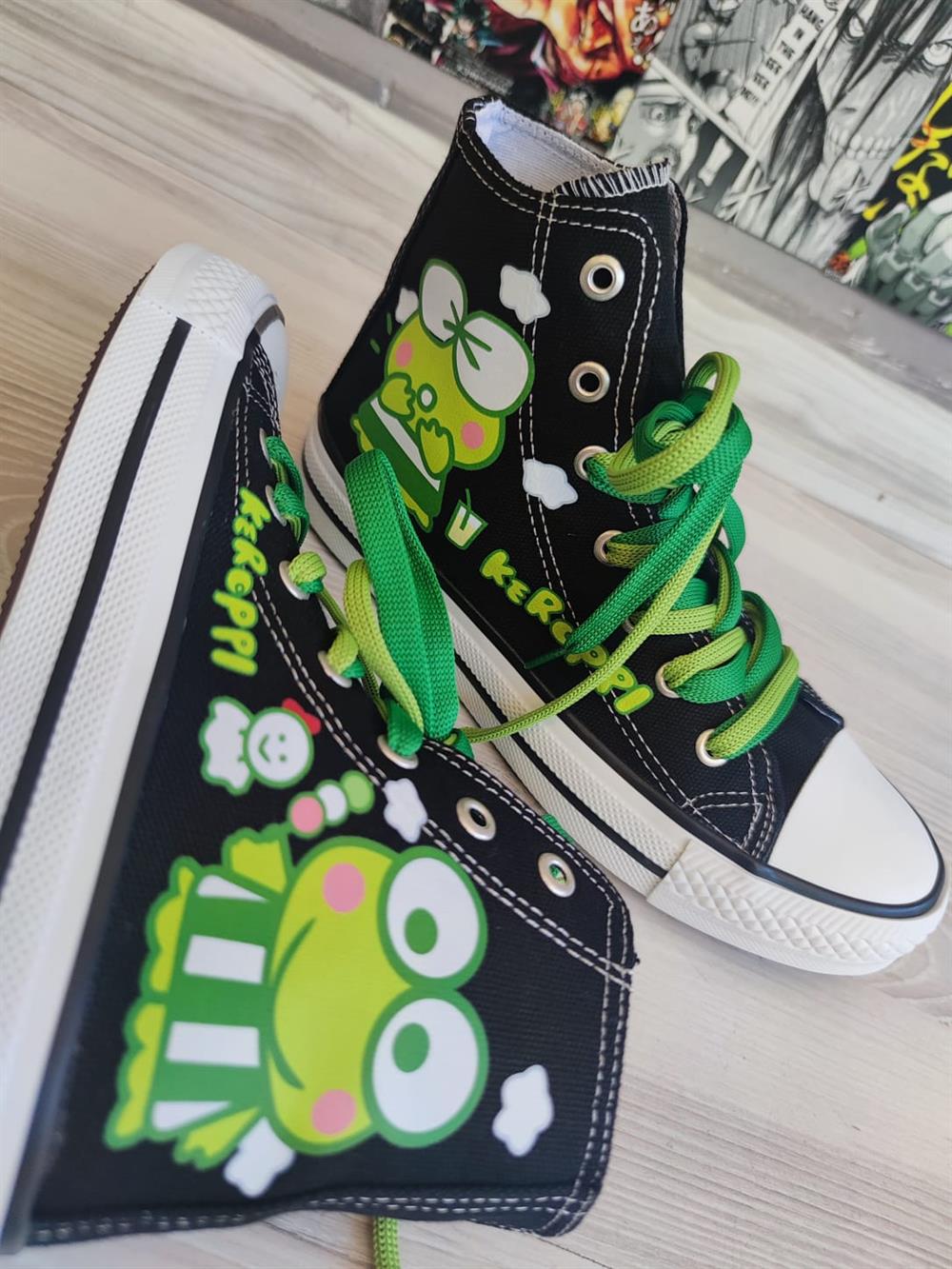 HelloKitty Keroppi Baskılı Siyah Bilekli Unisex Spor Ayakkabı Sneaker