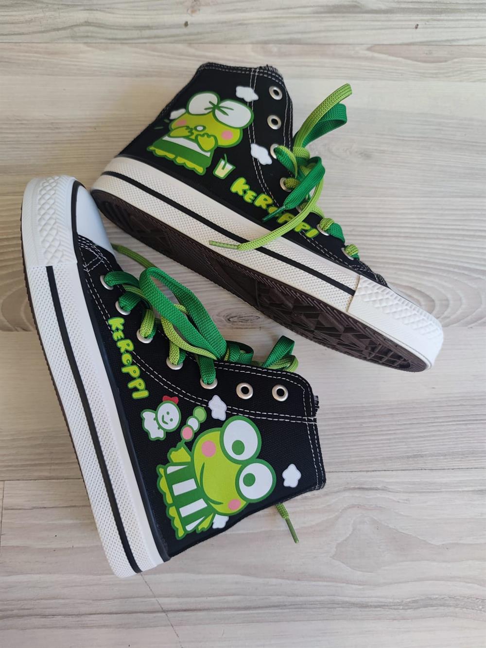 HelloKitty Keroppi Baskılı Siyah Bilekli Unisex Spor Ayakkabı Sneaker