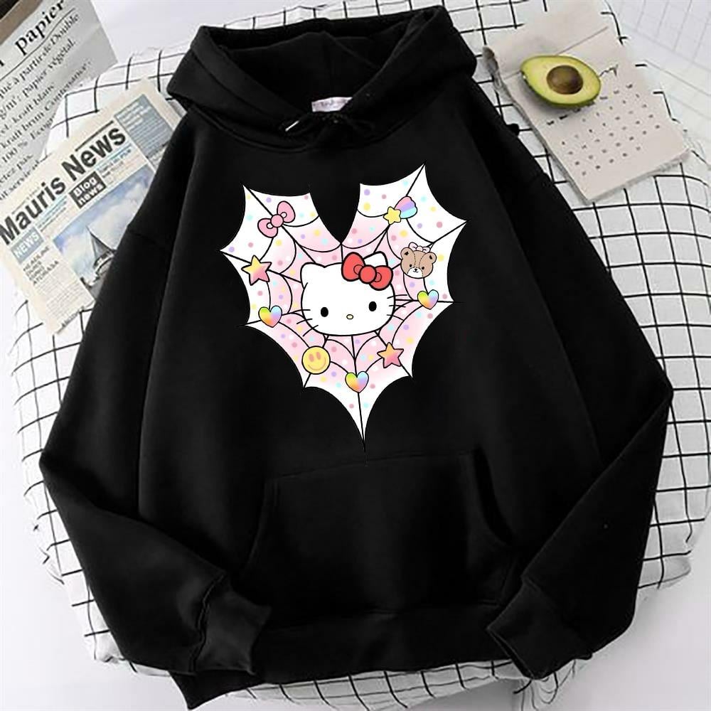 Hellokitty Örümcekağlı Siyah Oversize Sweatshirt Kapüşonlu Hoodie