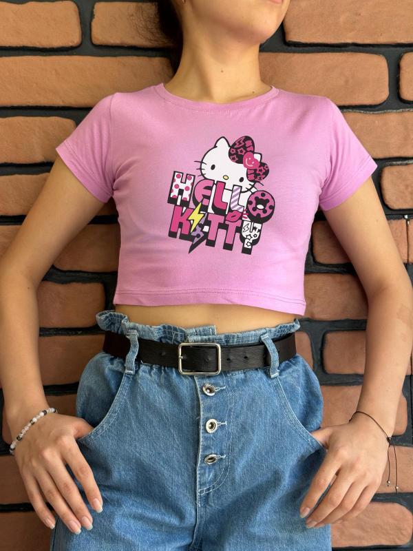 Hellokitty Yeni Sezon Baskılı Pembe Crop (dar kalıptır)