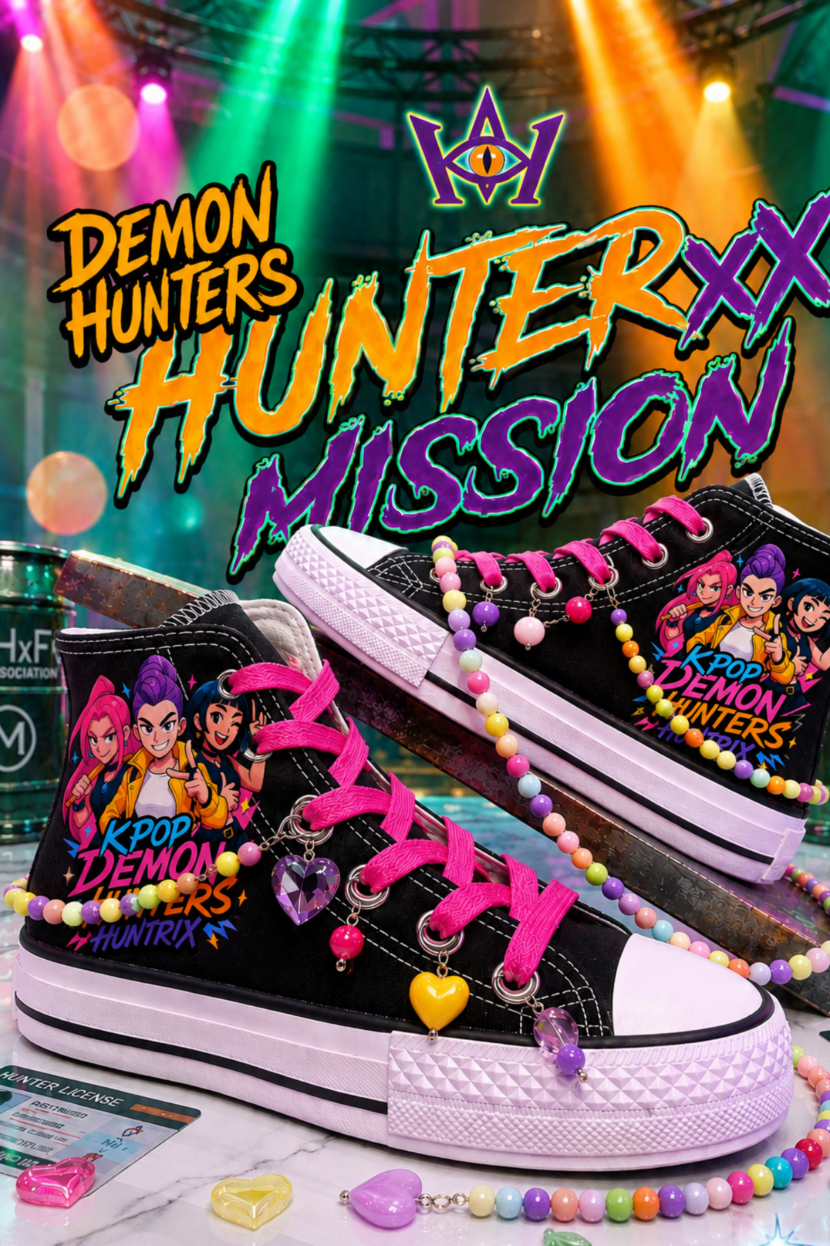 Huntrix Kpop Baskılı Siyah Boncuk ve Halhallı Bilekli Spor Ayakkabı Sneaker 