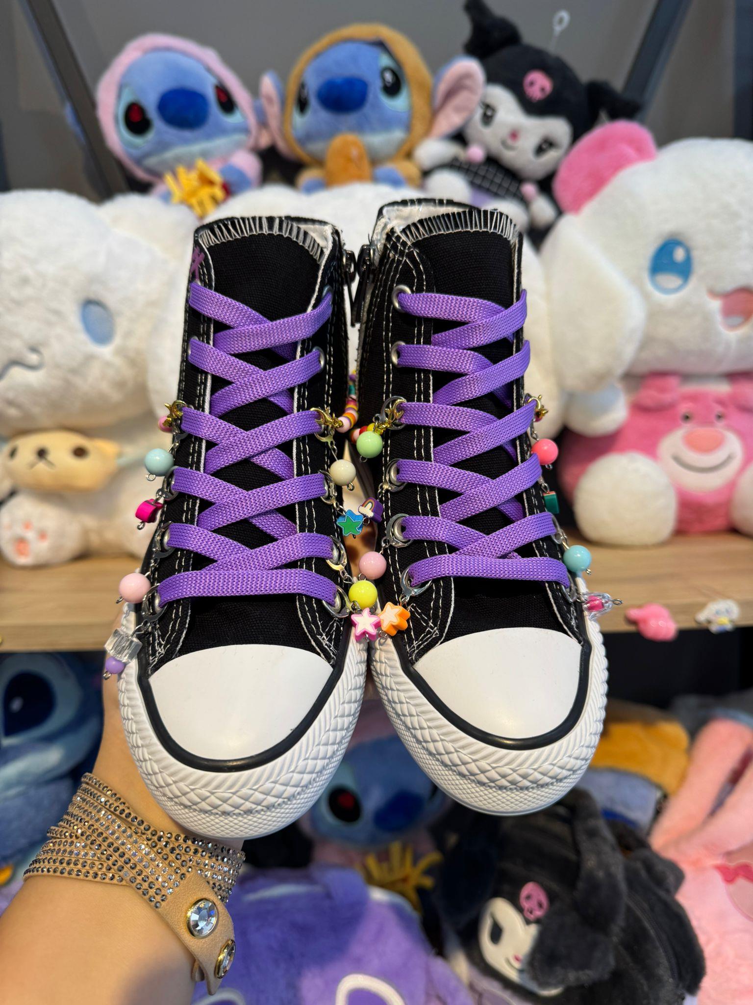 Huntrix Yıldız Baskılı Siyah Boncuk ve Halhallı Spor Ayakkabı Sneaker 