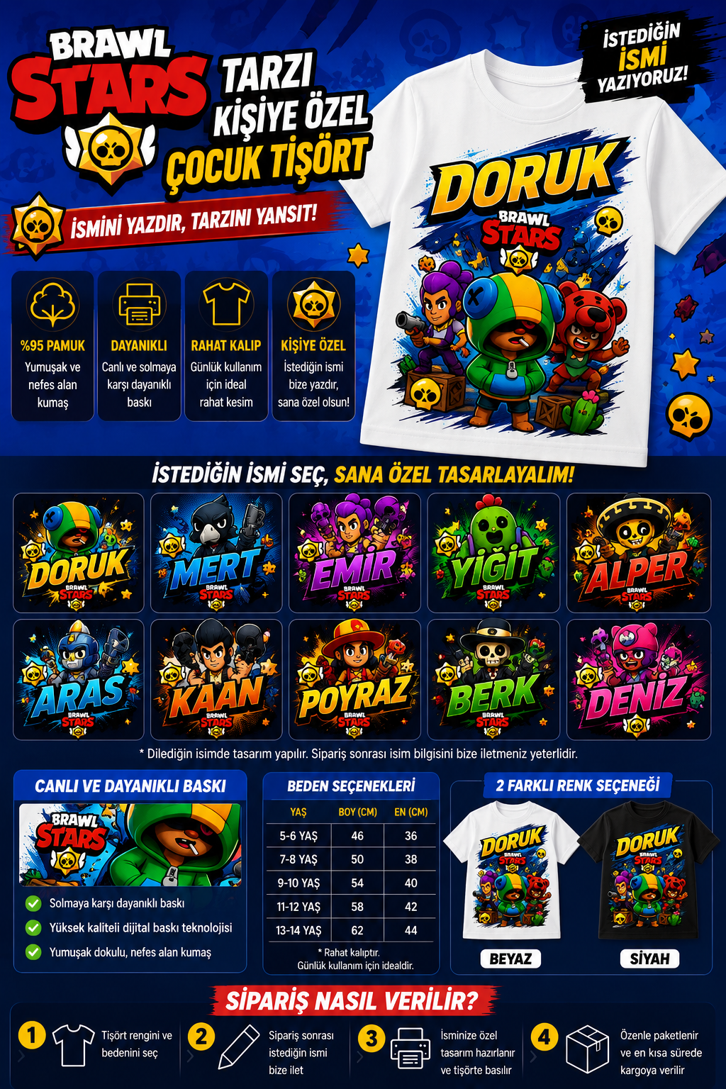 (İSTEDİĞİN İSMİ YAZIYORUZ) Brawl Star Konseptli Özel İsim Yazılı Siyah Tişört