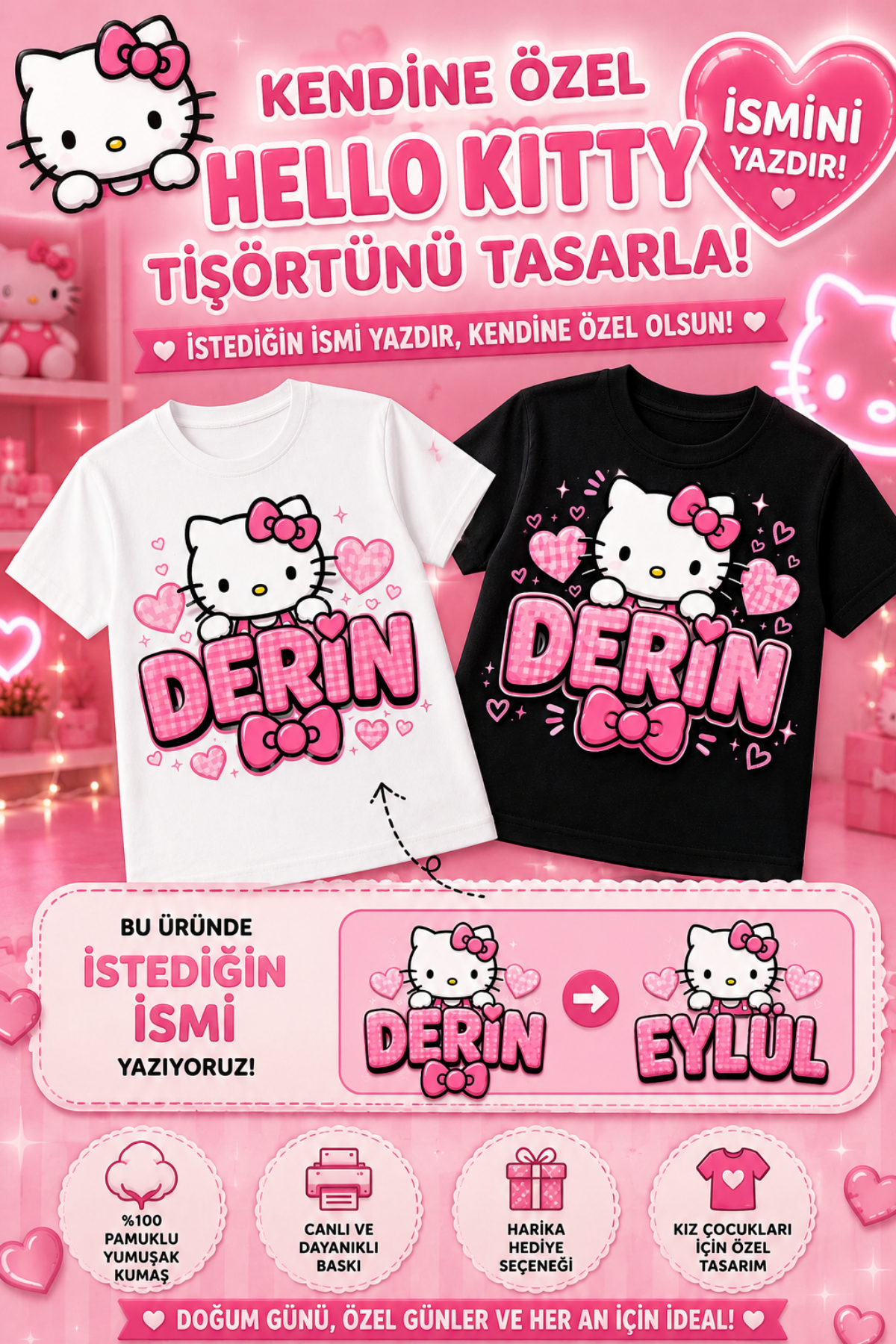 (İSTEDİĞİN İSMİ YAZIYORUZ) HelloKitty Konseptli Özel İsim Yazılı Beyaz  Tişört Anne Kız Kombinine Uygun 