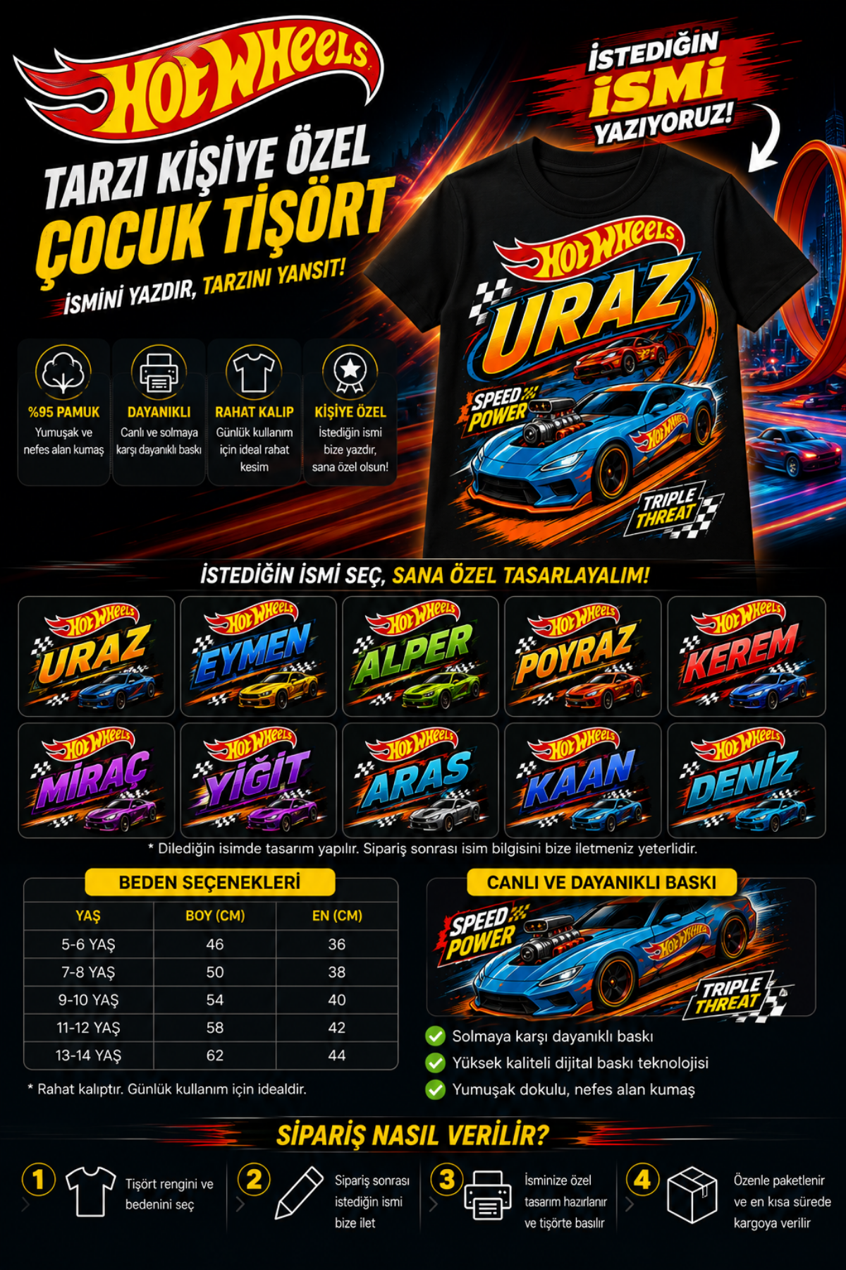 (İSTEDİĞİN İSMİ YAZIYORUZ) Hot Wheels Konseptli Özel İsim Yazılı Siyah Tişört