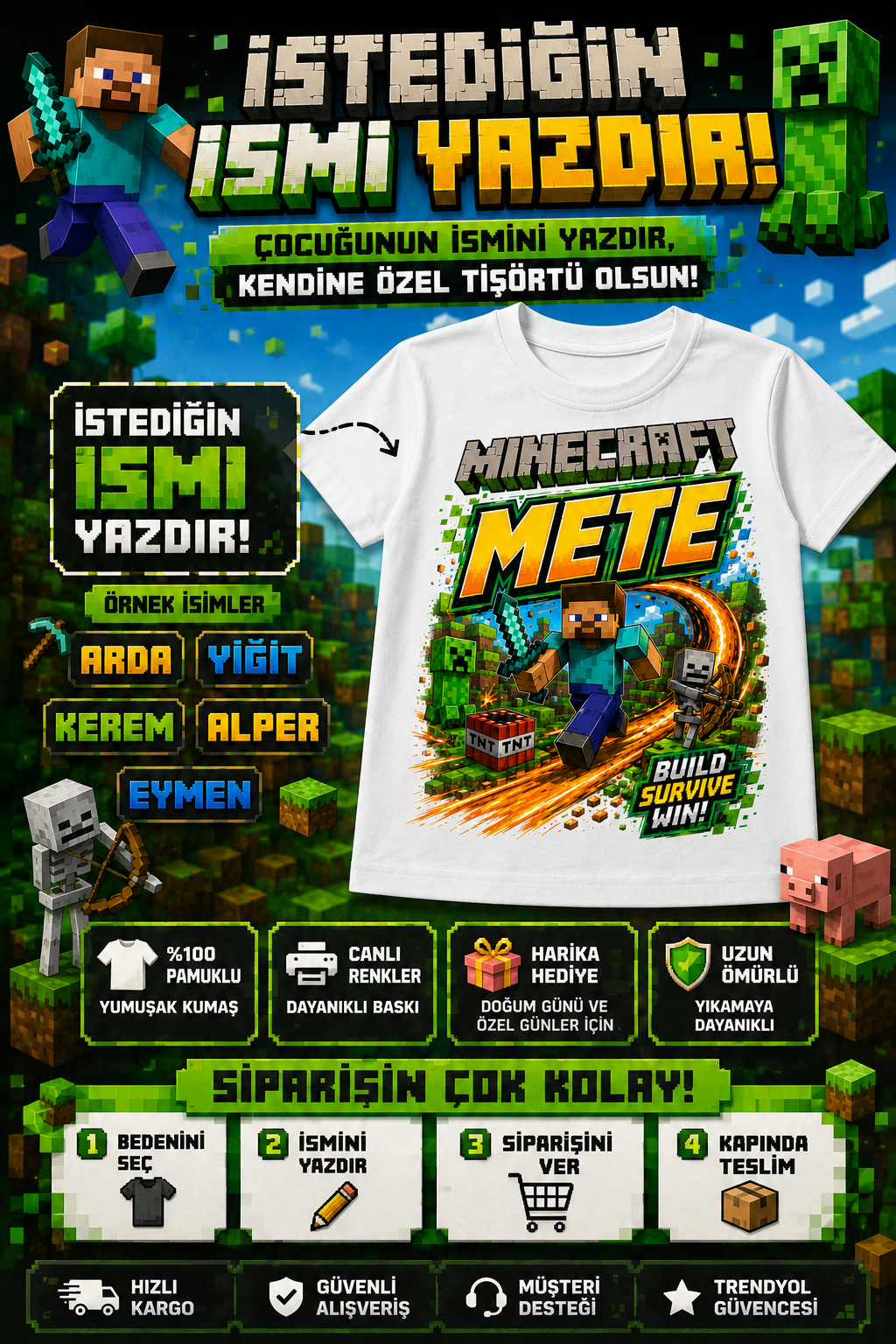 (İSTEDİĞİN İSMİ YAZIYORUZ) Minecraft Konseptli Özel İsim Yazılı Beyaz Tişört