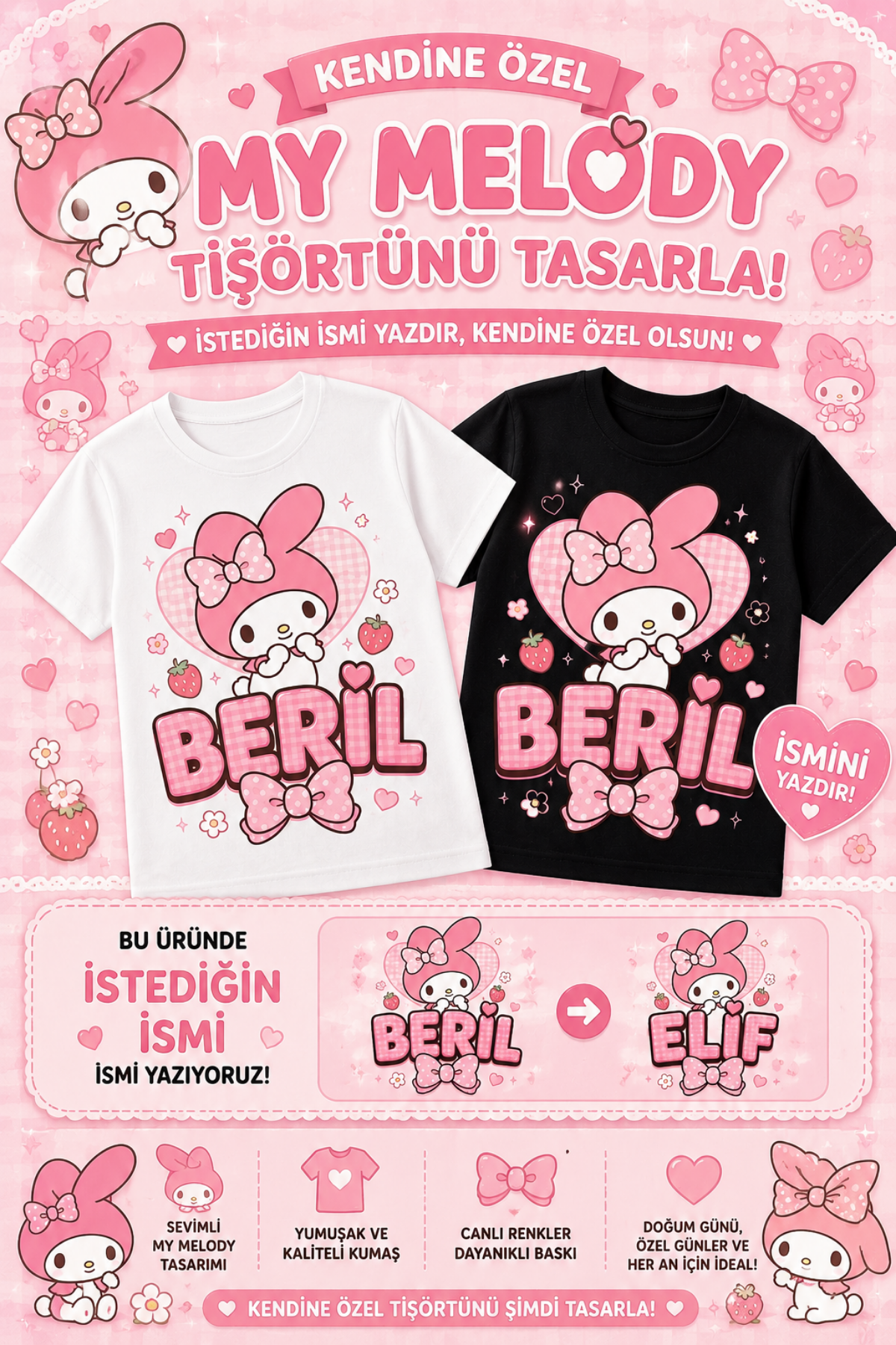 (İSTEDİĞİN İSMİ YAZIYORUZ) Mymelody Konseptli Özel İsim Yazılı Beyaz  Tişört Anne Kız Kombinine Uygun 