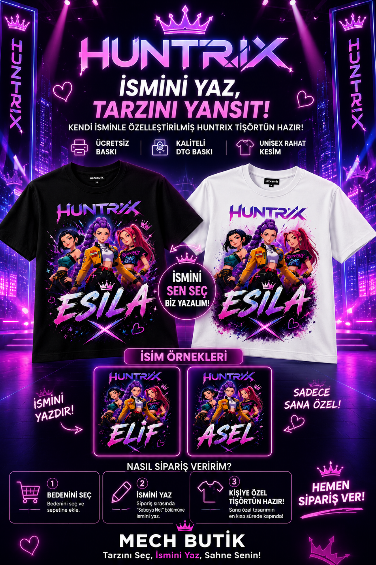 (İSTEDİĞİN İSMİ YAZIYORUZ)K-Pop Demon Hunter Huntrix Konseptli Özel İsim Yazılı Beyaz Tişört Anne Kız Kombinine Uygun 