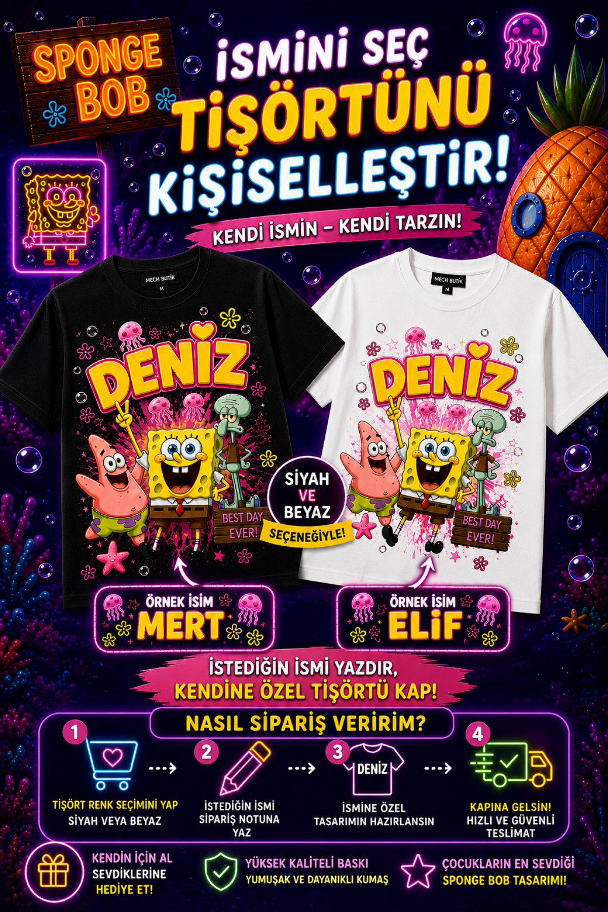 (İSTEDİĞİN İSMİ YAZIYORUZ)Sünger Bob Konseptli Özel İsim Yazılı Beyaz Tişört Anne Kız Kombinine Uygun 