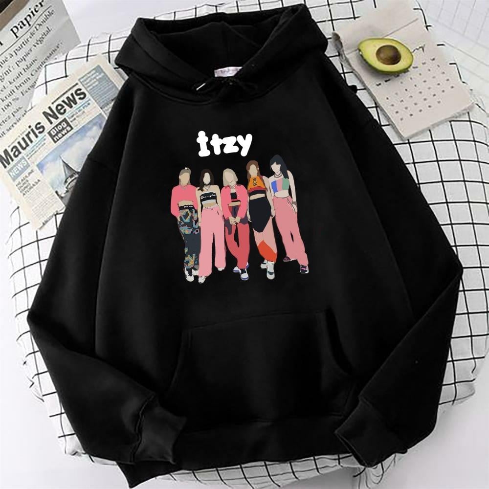 Itzy Baskılı Siyah Oversize Sweatshirt Kapüşonlu Hoodie