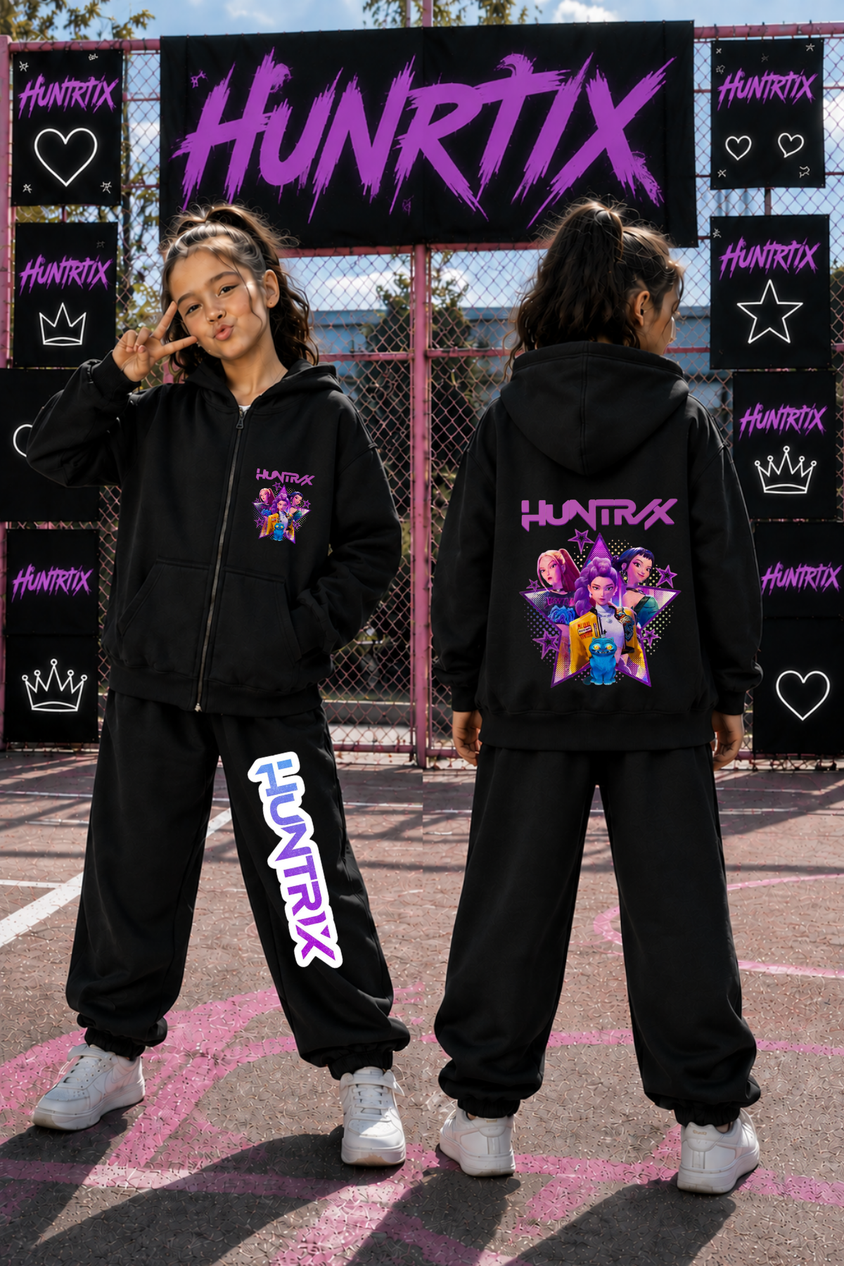 K-Pop Demon Hunterix Huntrix Yıldız Baskılı Üst Fermuarlı Hırka Alt Eşofman Altı Takım (HIRKA VE ALT TAKIMDIR)(1)