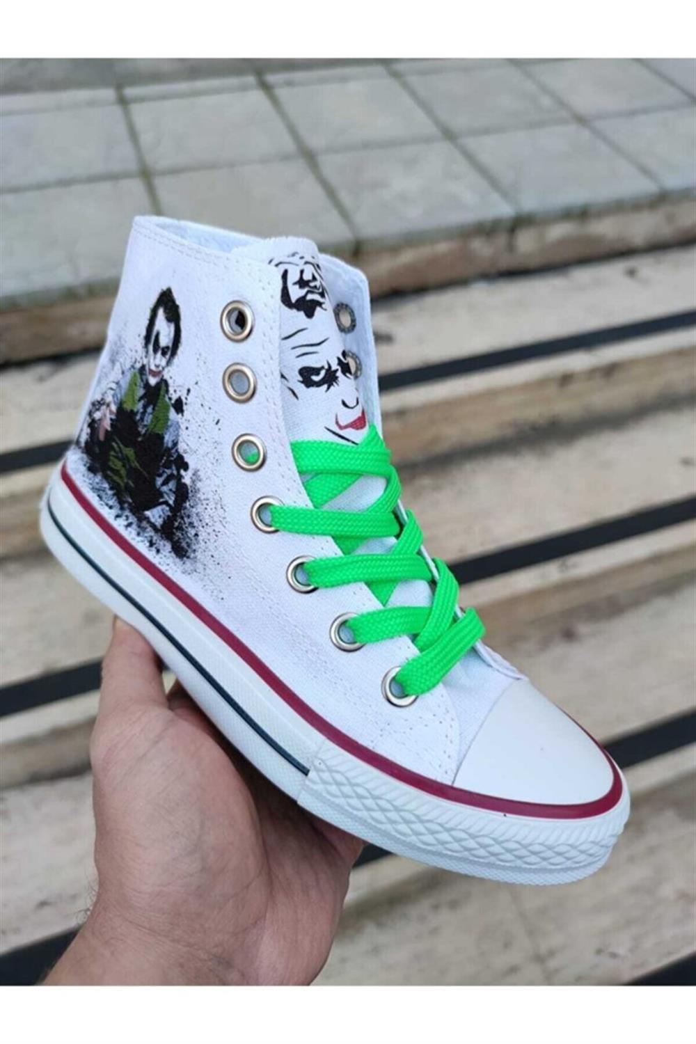 Kadın Erkek Beyaz Sneaker Joker Baskılı Bağcıklı Günlük Sneakers Spor Ayakkabı