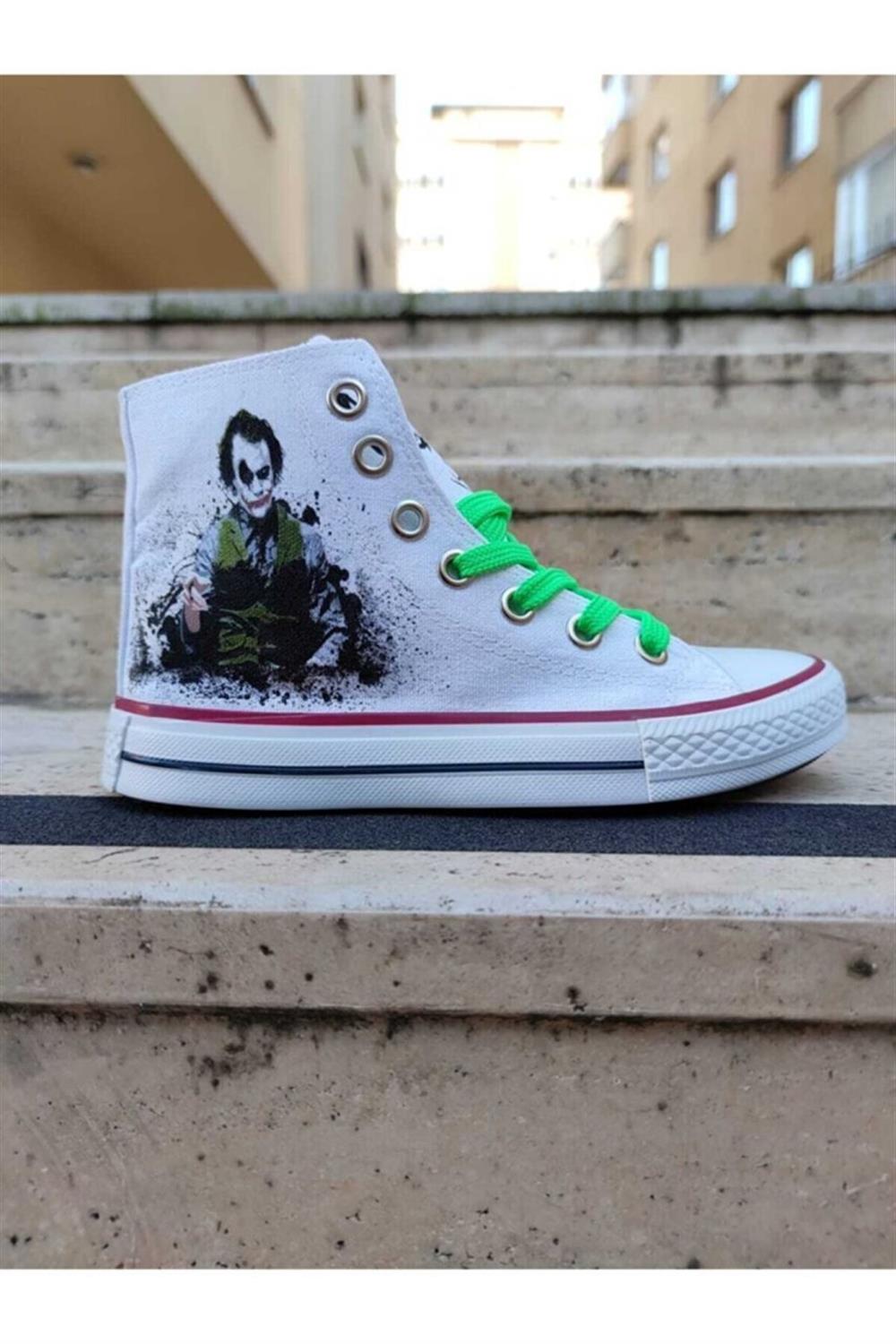 Kadın Erkek Beyaz Sneaker Joker Baskılı Bağcıklı Günlük Sneakers Spor Ayakkabı