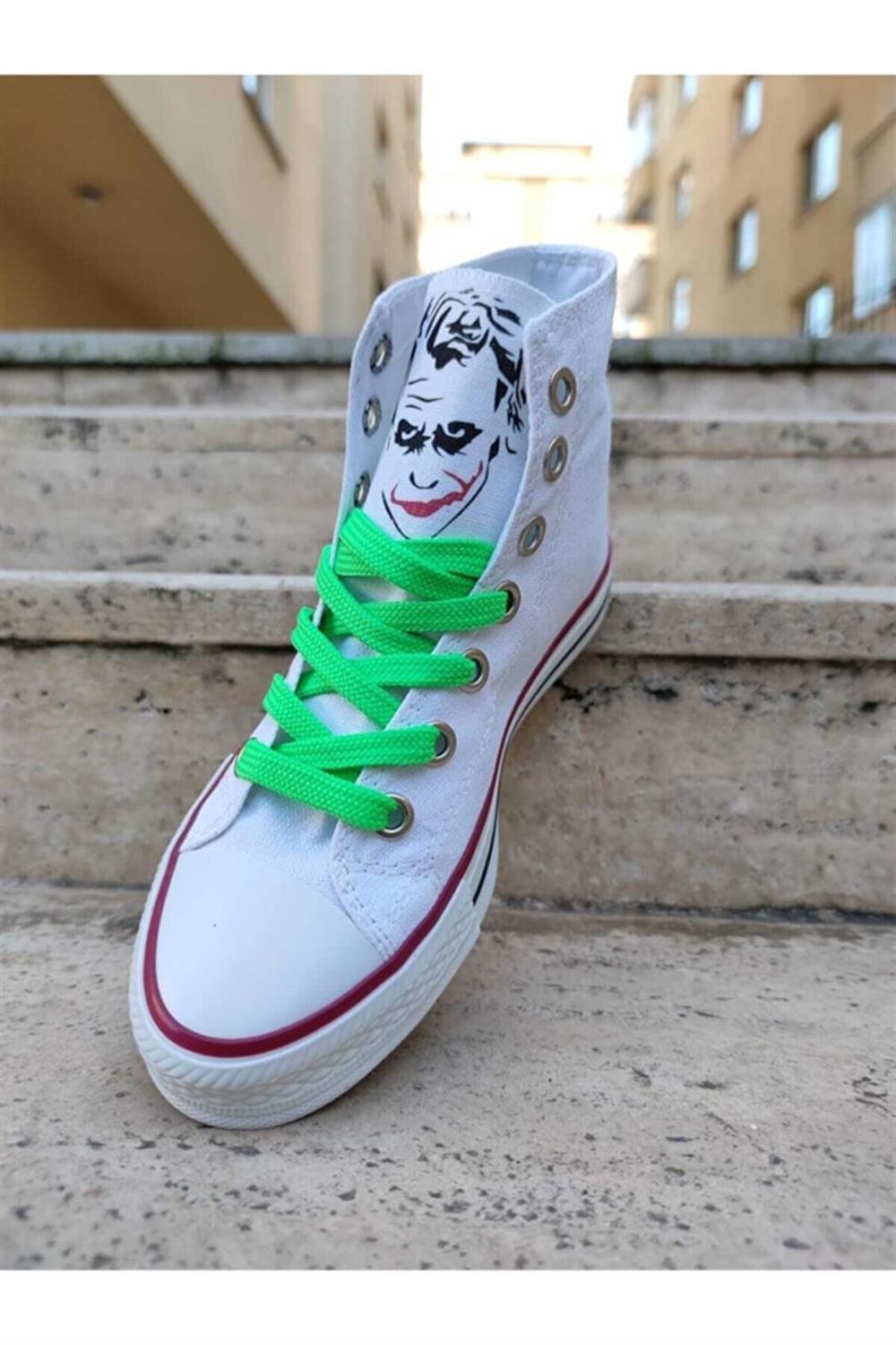 Kadın Erkek Beyaz Sneaker Joker Baskılı Bağcıklı Günlük Sneakers Spor Ayakkabı