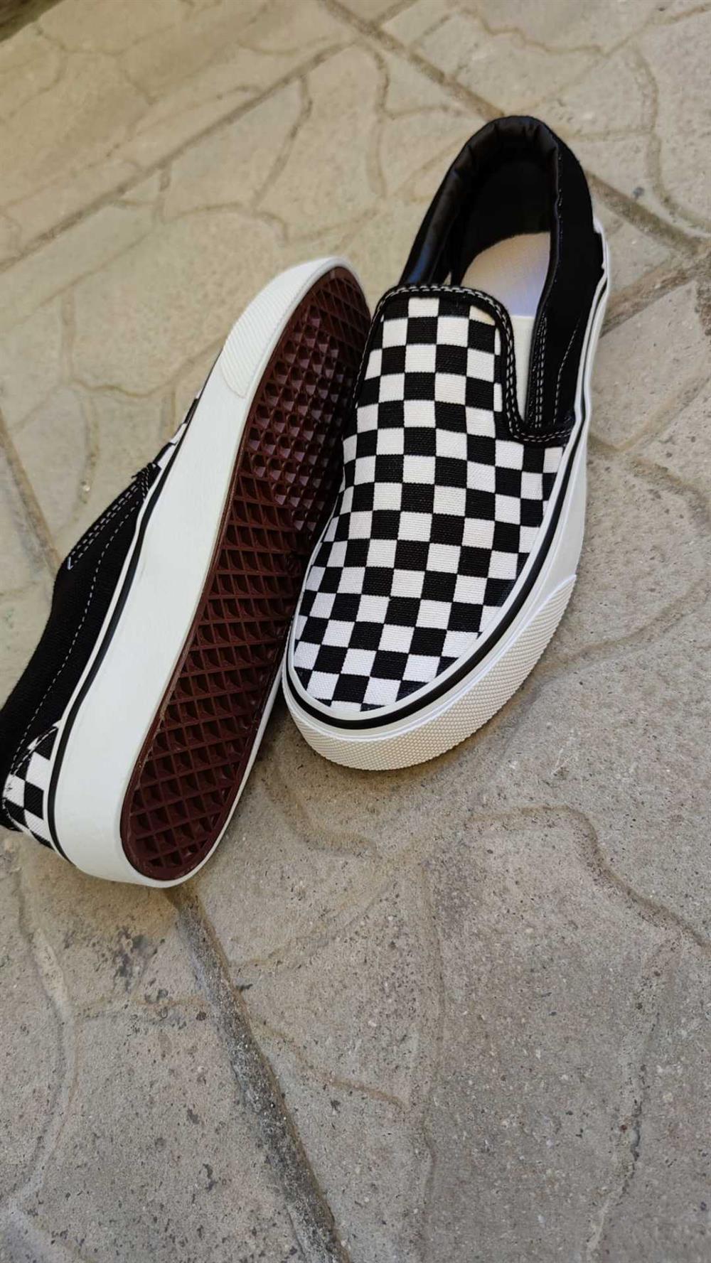Kadın Erkek Siyah Beyaz Kareli Vans Modeli Bağcıksız Lastikli Spor Ayakkabı Sneaker