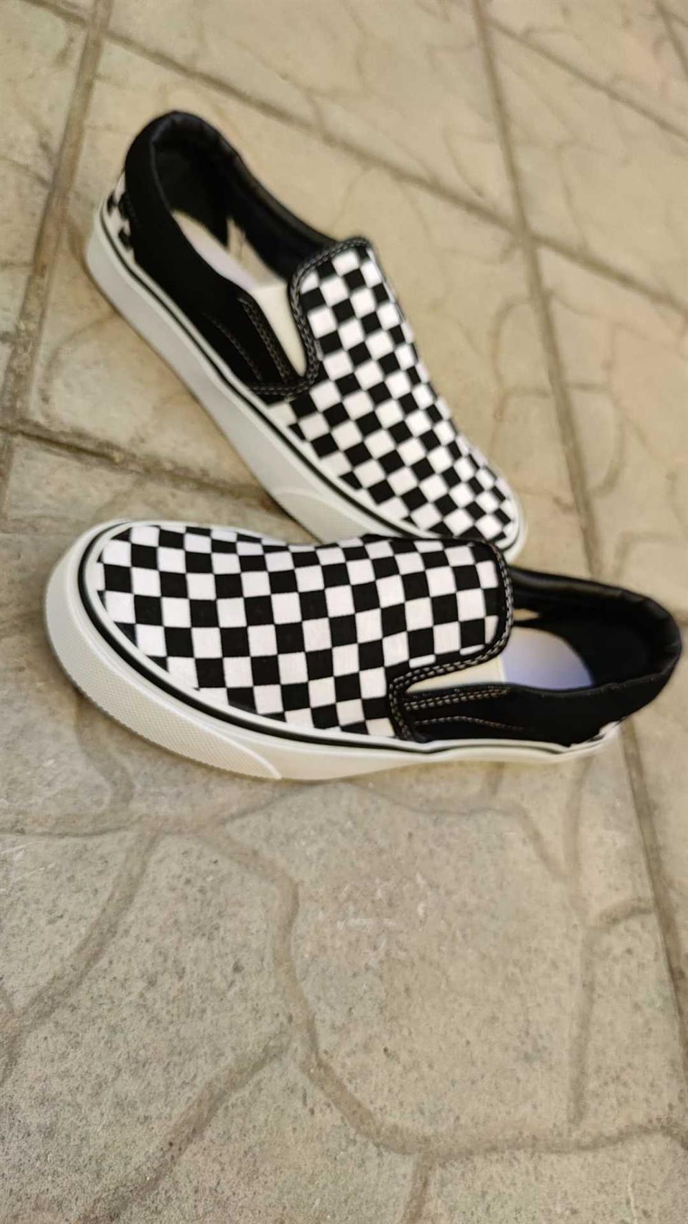 Kadın Erkek Siyah Beyaz Kareli Vans Modeli Bağcıksız Lastikli Spor Ayakkabı Sneaker