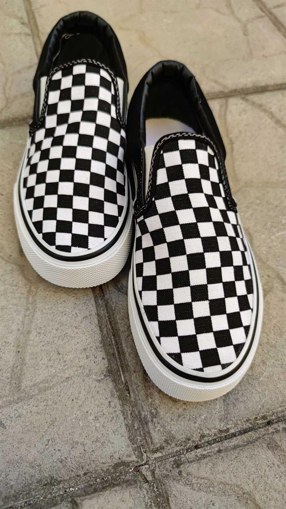 Kadın Erkek Siyah Beyaz Kareli Vans Modeli Bağcıksız Lastikli Spor Ayakkabı Sneaker