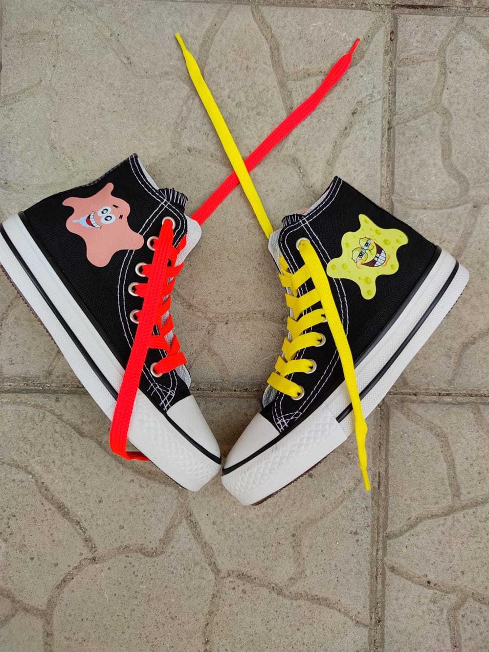 Kız Erkek Çocuk Siyah Sünger Bob&Patrick Baskılı Spor Ayakkabı Bağcıklı Sneaker