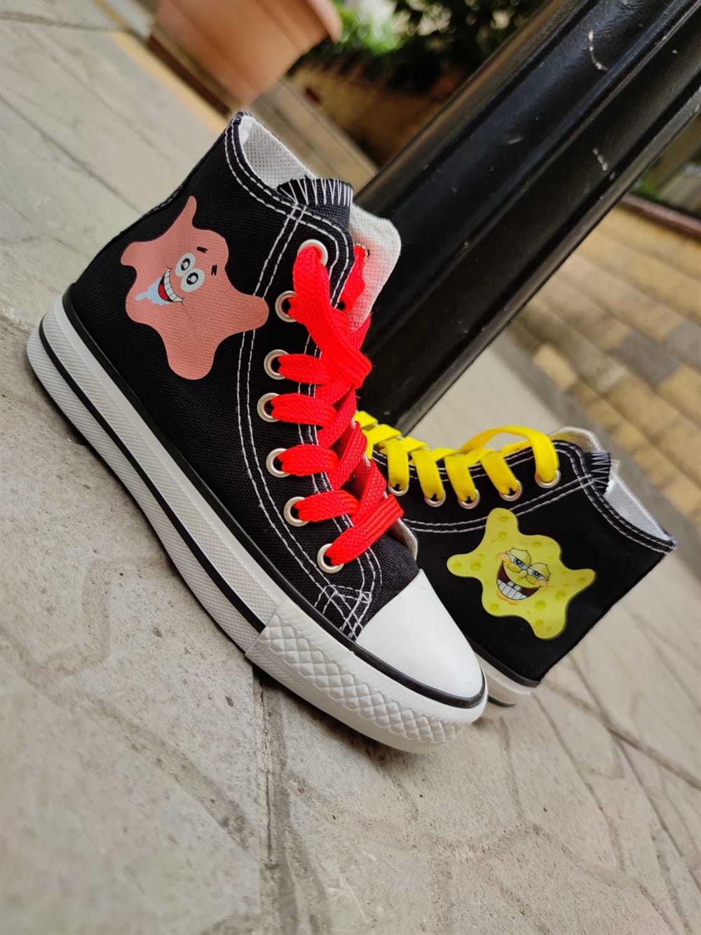 Kız Erkek Çocuk Siyah Sünger Bob&Patrick Baskılı Spor Ayakkabı Bağcıklı Sneaker