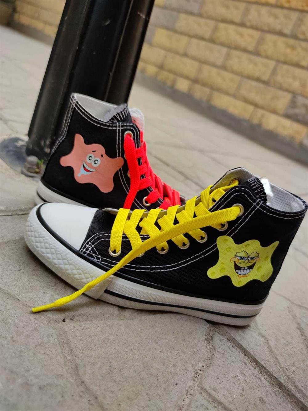 Kız Erkek Çocuk Siyah Sünger Bob&Patrick Baskılı Spor Ayakkabı Bağcıklı Sneaker