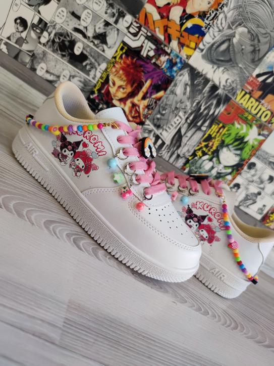 Kuromi Balon Baskılı Boncuk Ve Halhallıı Beyaz Deri Yüzey  Spor Ayakkabı Sneaker 