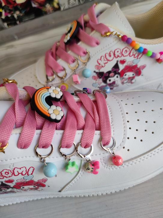 Kuromi Balon Baskılı Boncuk Ve Halhallıı Beyaz Deri Yüzey  Spor Ayakkabı Sneaker 
