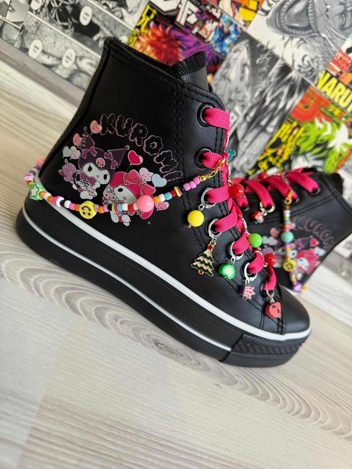 Kuromi Balon Baskılı Deri  Kaydırmaz Taban Halhallı Ve Boncuklu Spor Ayakkabı Sneaker