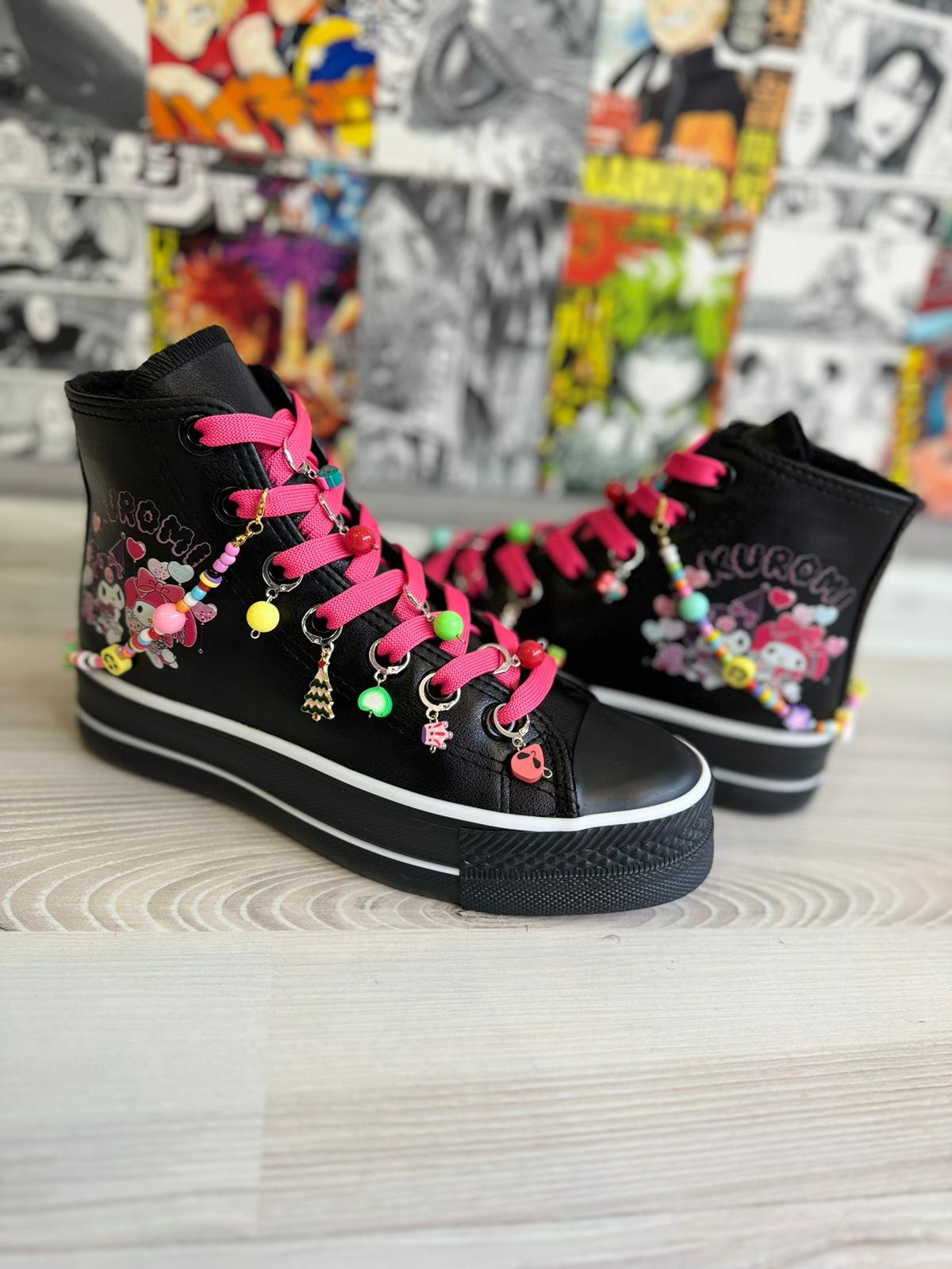 Kuromi Balon Baskılı Deri  Kaydırmaz Taban Halhallı Ve Boncuklu Spor Ayakkabı Sneaker