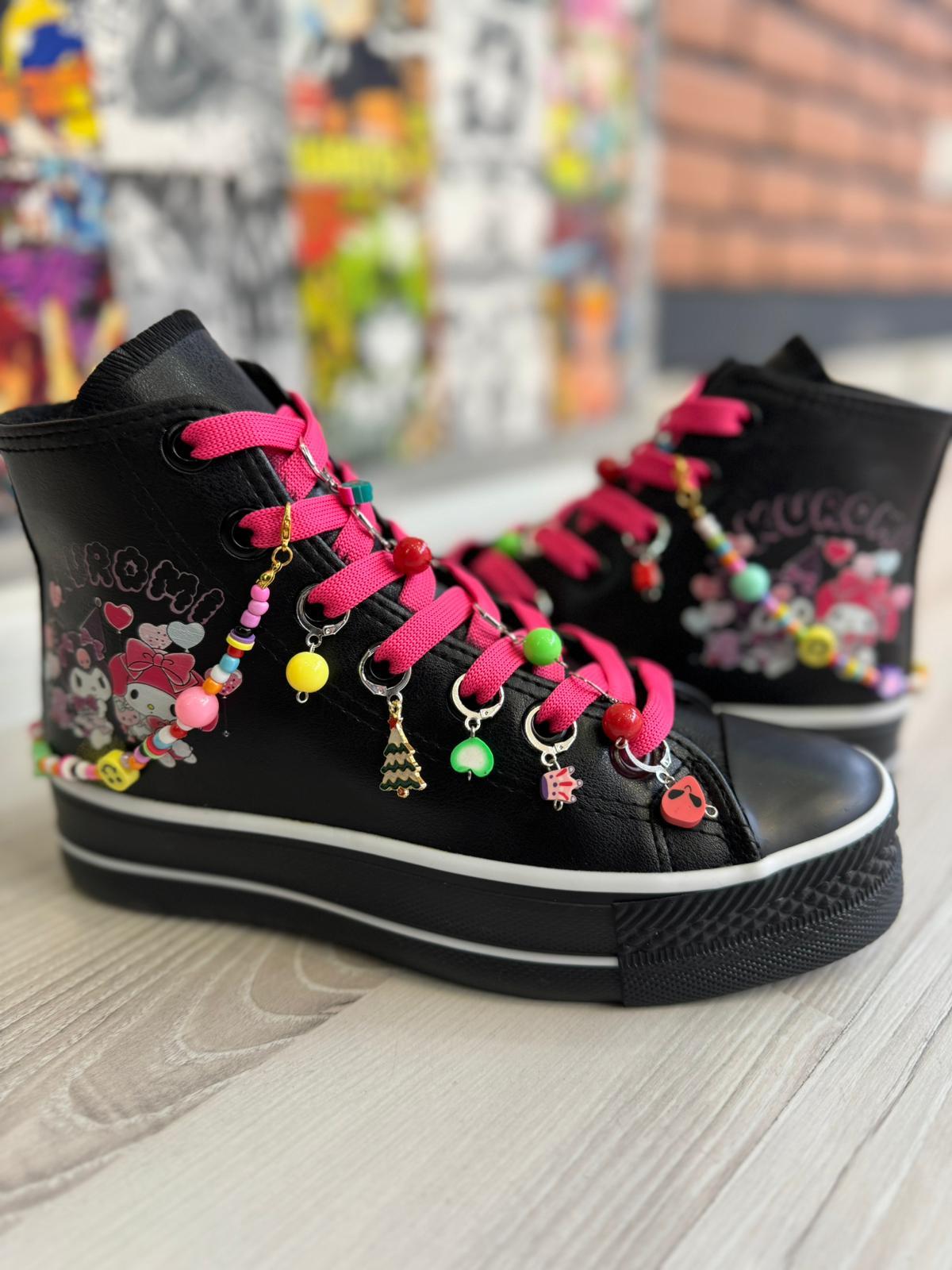 Kuromi Balon Baskılı Deri  Kaydırmaz Taban Halhallı Ve Boncuklu Spor Ayakkabı Sneaker