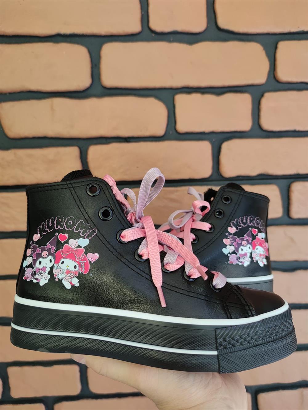 Kuromi Balon Baskılı  Deri Yüksek Şeffaf Taban Bilekli Spor Ayakkabı Sneaker