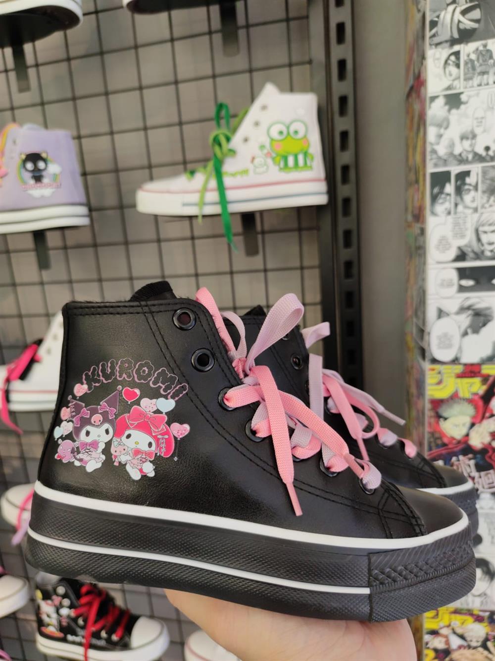 Kuromi Balon Baskılı  Deri Yüksek Şeffaf Taban Bilekli Spor Ayakkabı Sneaker