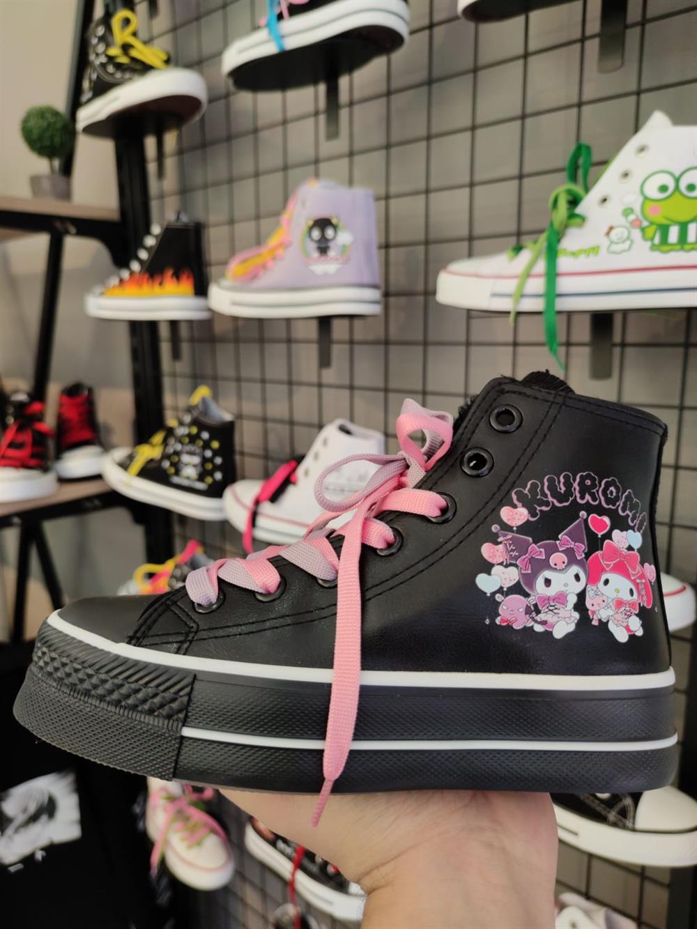 Kuromi Balon Baskılı  Deri Yüksek Şeffaf Taban Bilekli Spor Ayakkabı Sneaker
