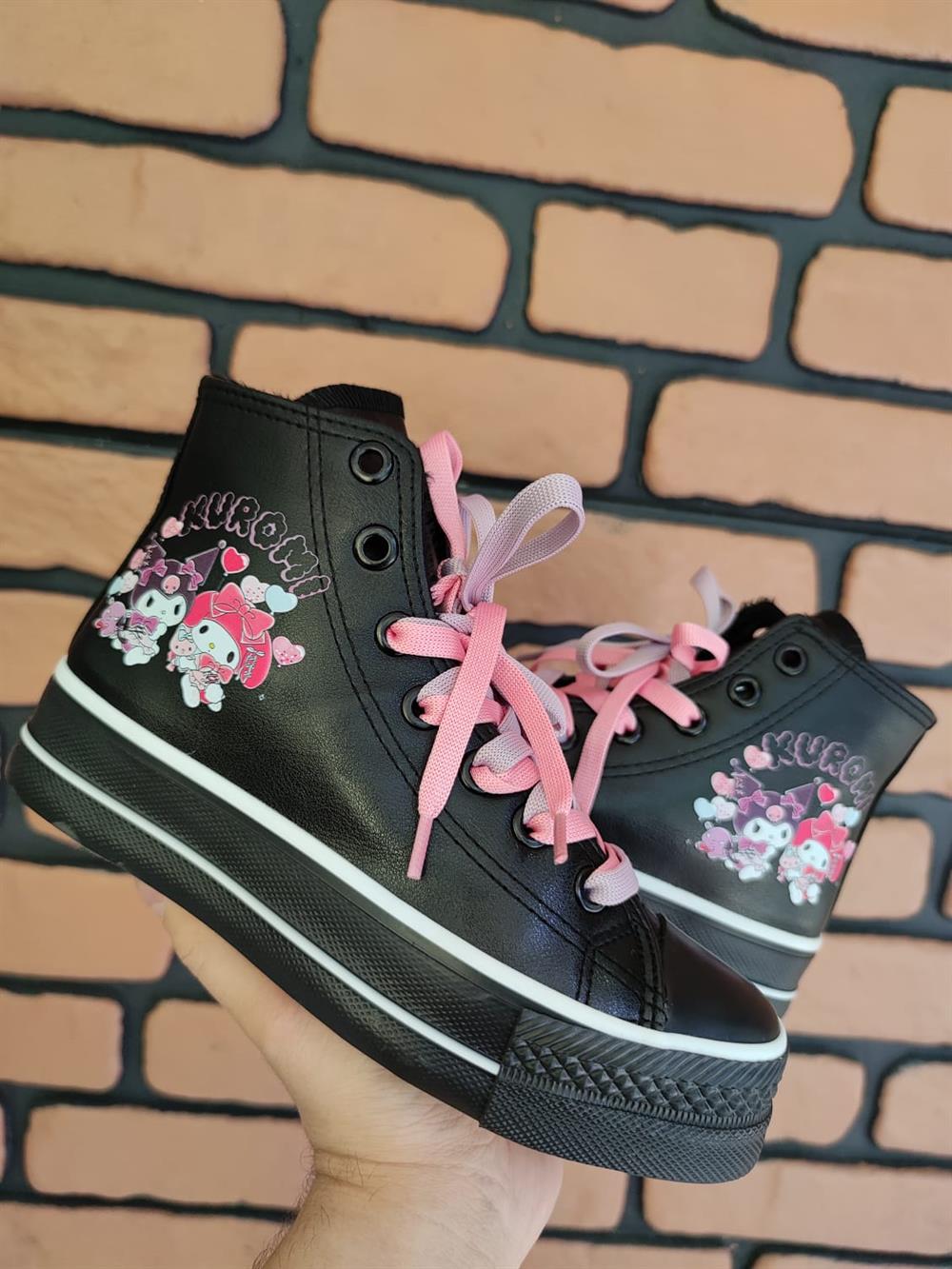 Kuromi Balon Baskılı  Deri Yüksek Şeffaf Taban Bilekli Spor Ayakkabı Sneaker
