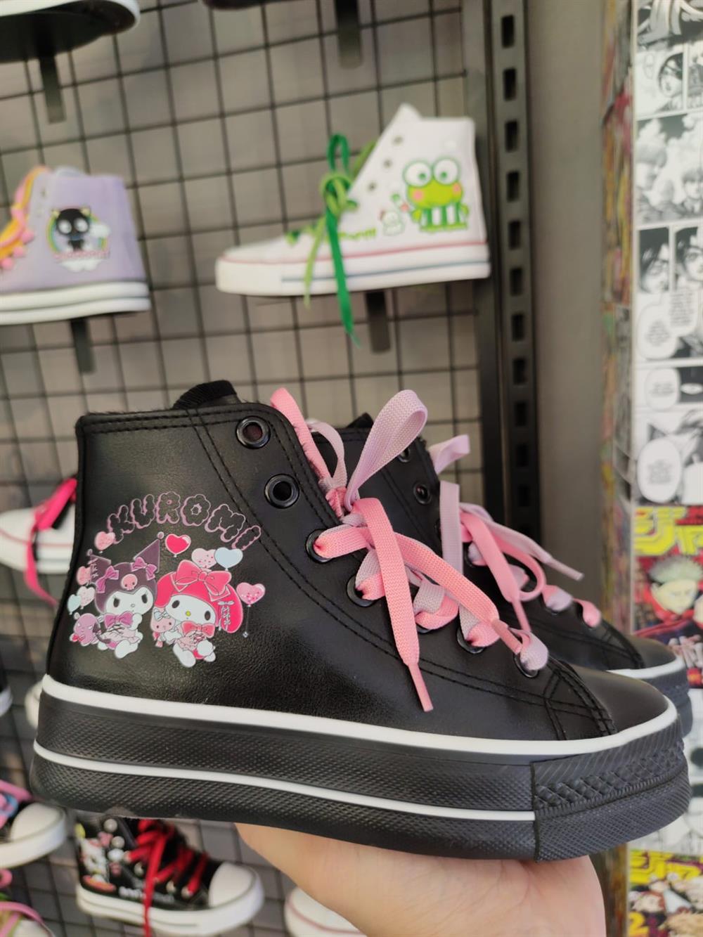 Kuromi Balon Baskılı  Deri Yüksek Şeffaf Taban Bilekli Spor Ayakkabı Sneaker