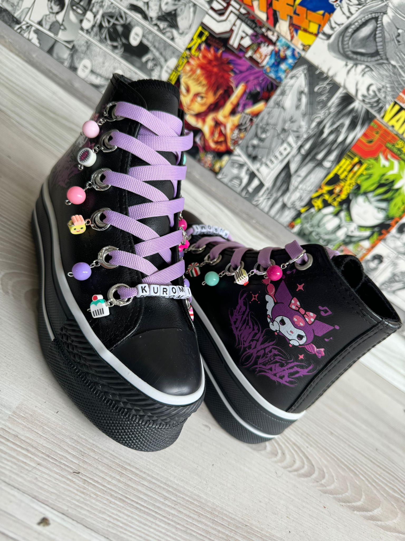 Kuromi Boncuklu Deri Yüksek Şeffaf Kaydırmaz Taban Spor Ayakkabı Sneaker