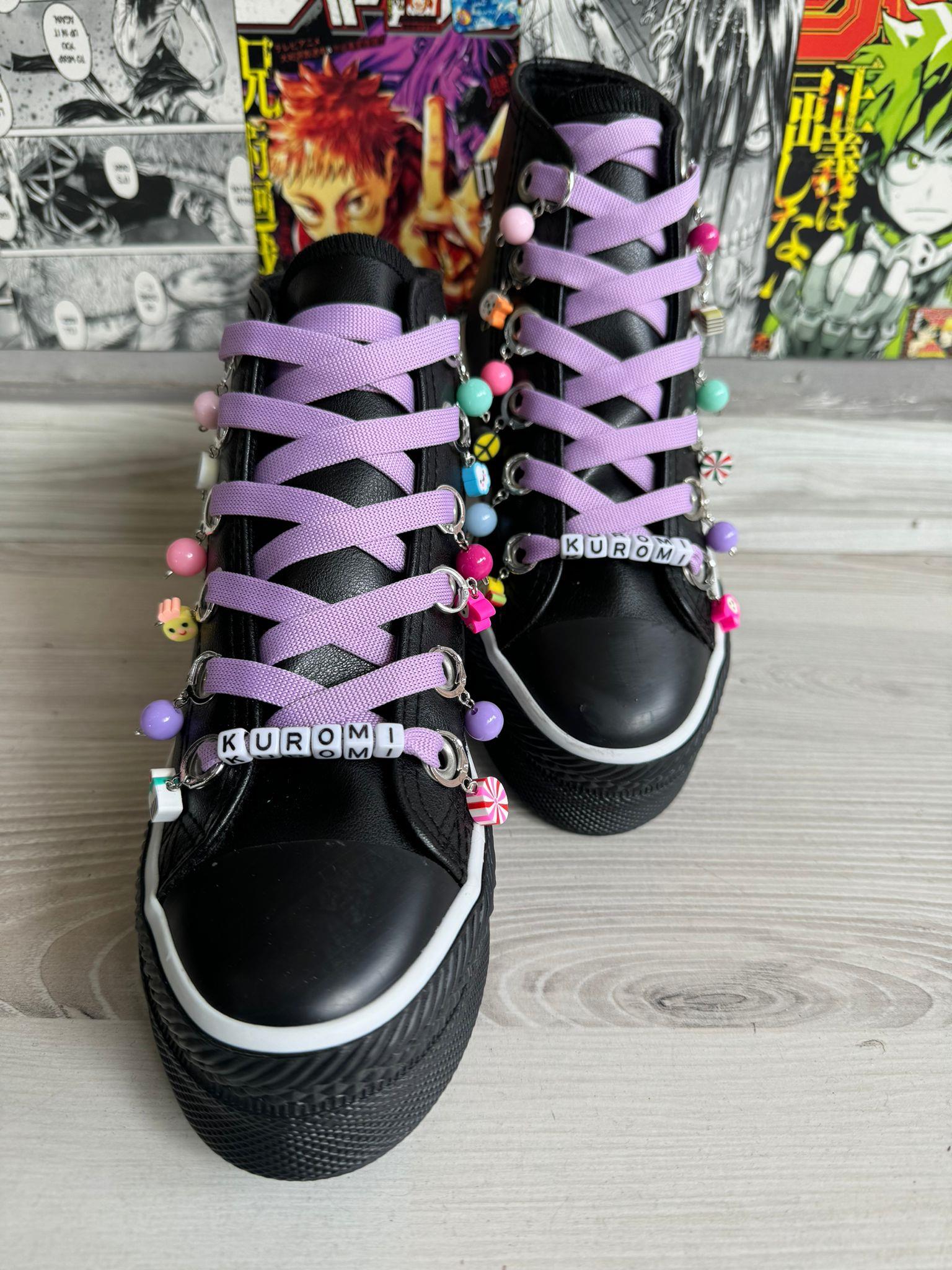 Kuromi Boncuklu Deri Yüksek Şeffaf Kaydırmaz Taban Spor Ayakkabı Sneaker